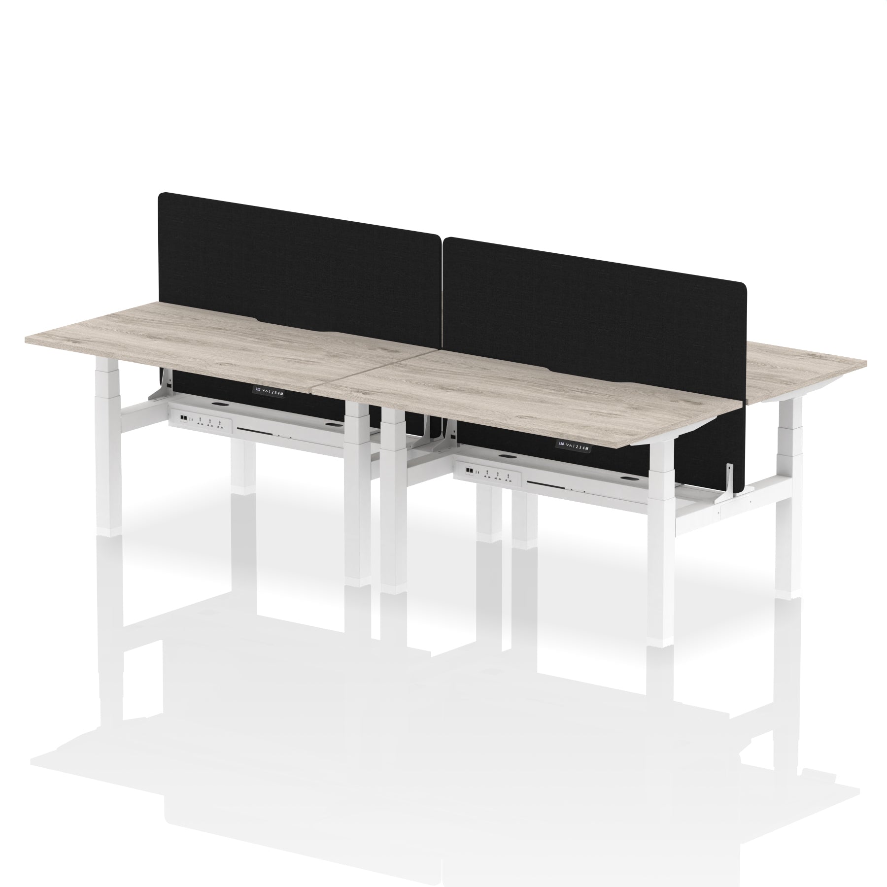 Air Back-to-Back curve Edge Height Adjustable Bench Desk - 4 Person Black Screen dynamic  Desk Top  Grey Oak Width 140cm