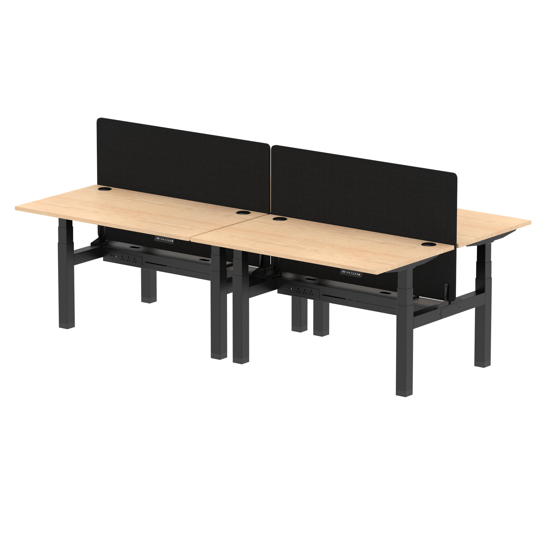 Air Back-to-Back Height Adjustable Bench Desk - 4 Person with Black Straight Screen dynamic  Desk Top  Maple Width 140cm