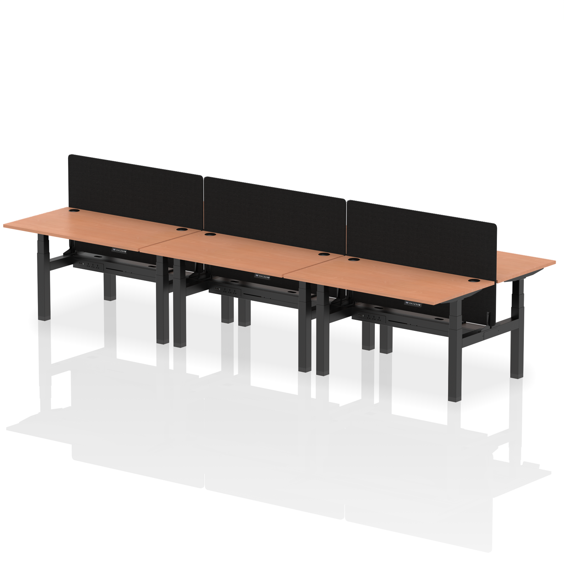 Air Back-to-Back Height Adjustable Bench Desk - 6 Person with Black Straight Screen dynamic  Desk Top  Beech Width 140cm