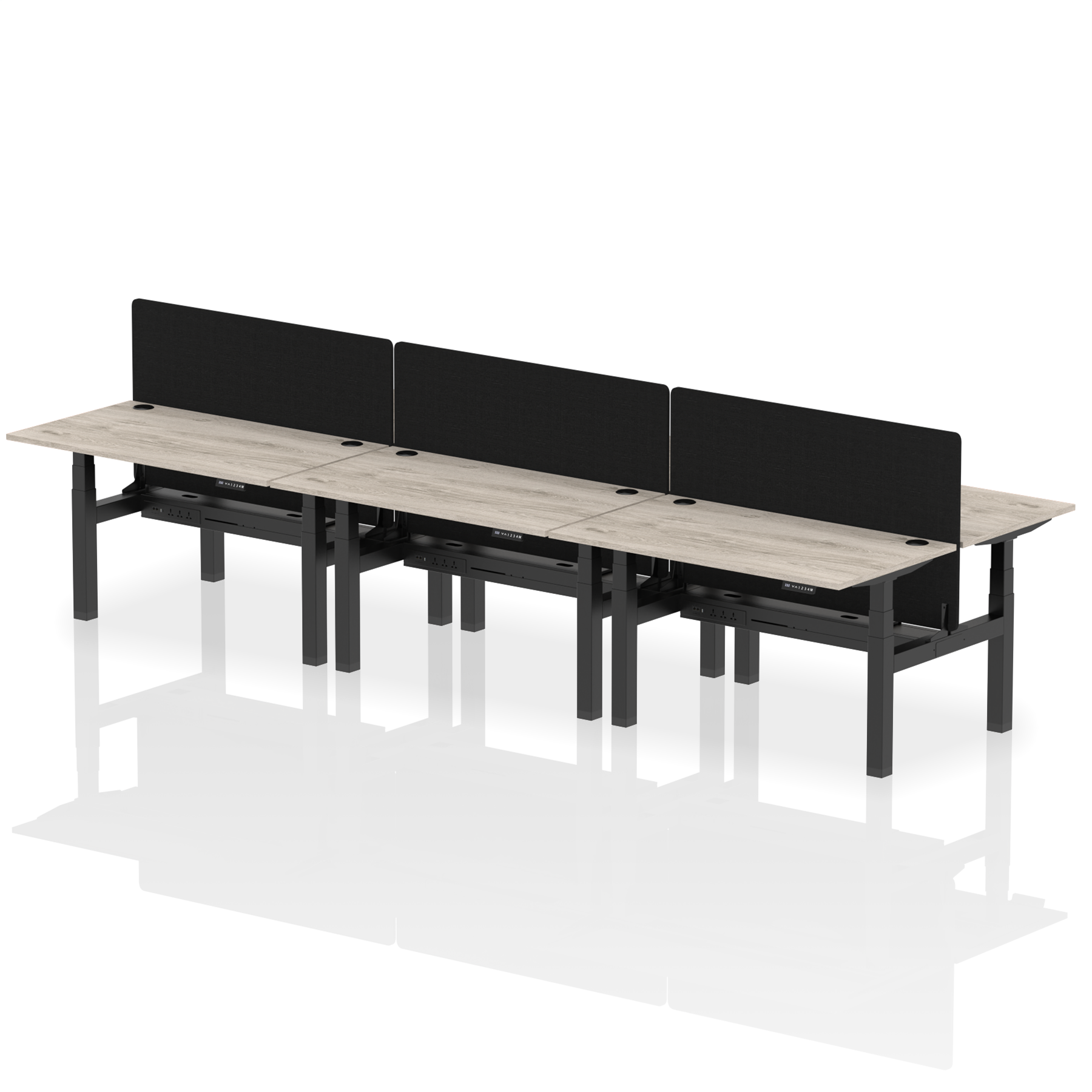 Air Back-to-Back Height Adjustable Bench Desk - 6 Person Black Screen dynamic  Desk Top  Grey Oak Width 140cm