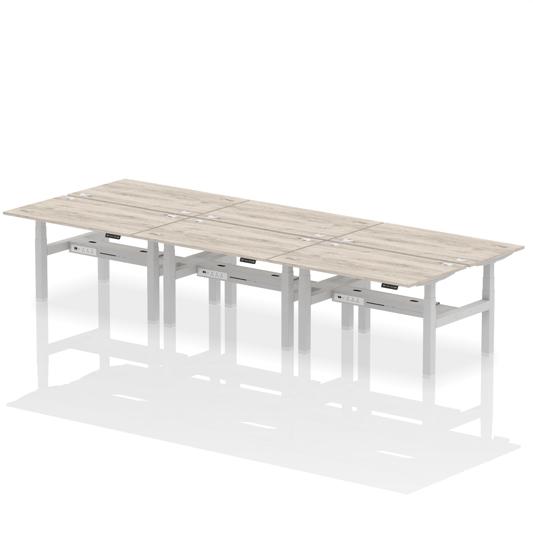 Air Back-to-Back Height Adjustable Bench Desk - 6 Person dynamic  Grey Oak White Frame