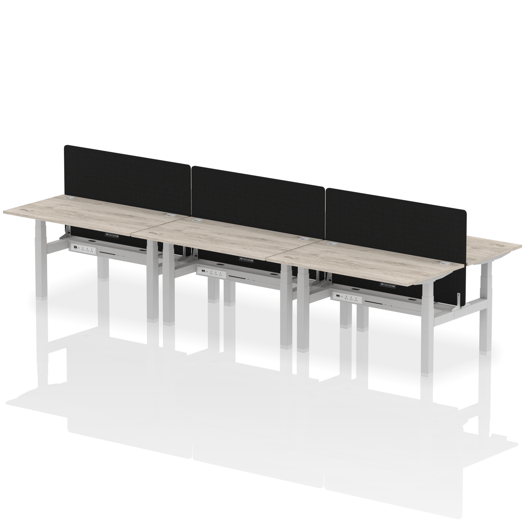 Air Back-to-Back Height Adjustable Bench Desk - 6 Person Black Screen dynamic  Desk Top  Grey Oak Width 140cm