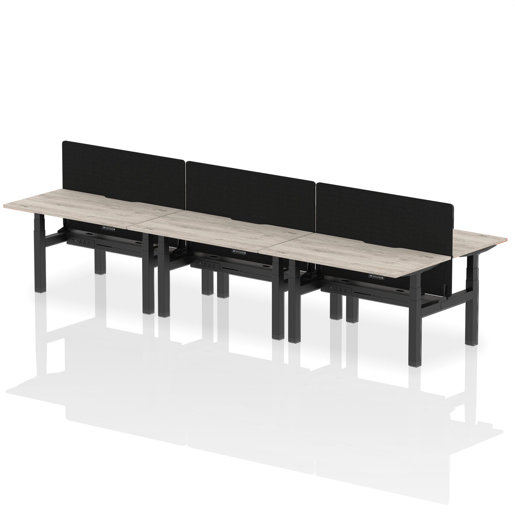Air Back-to-Back curve Edge Height Adjustable Bench Desk - 6 Person Black Screen dynamic  Desk Top  Grey Oak Width 140cm
