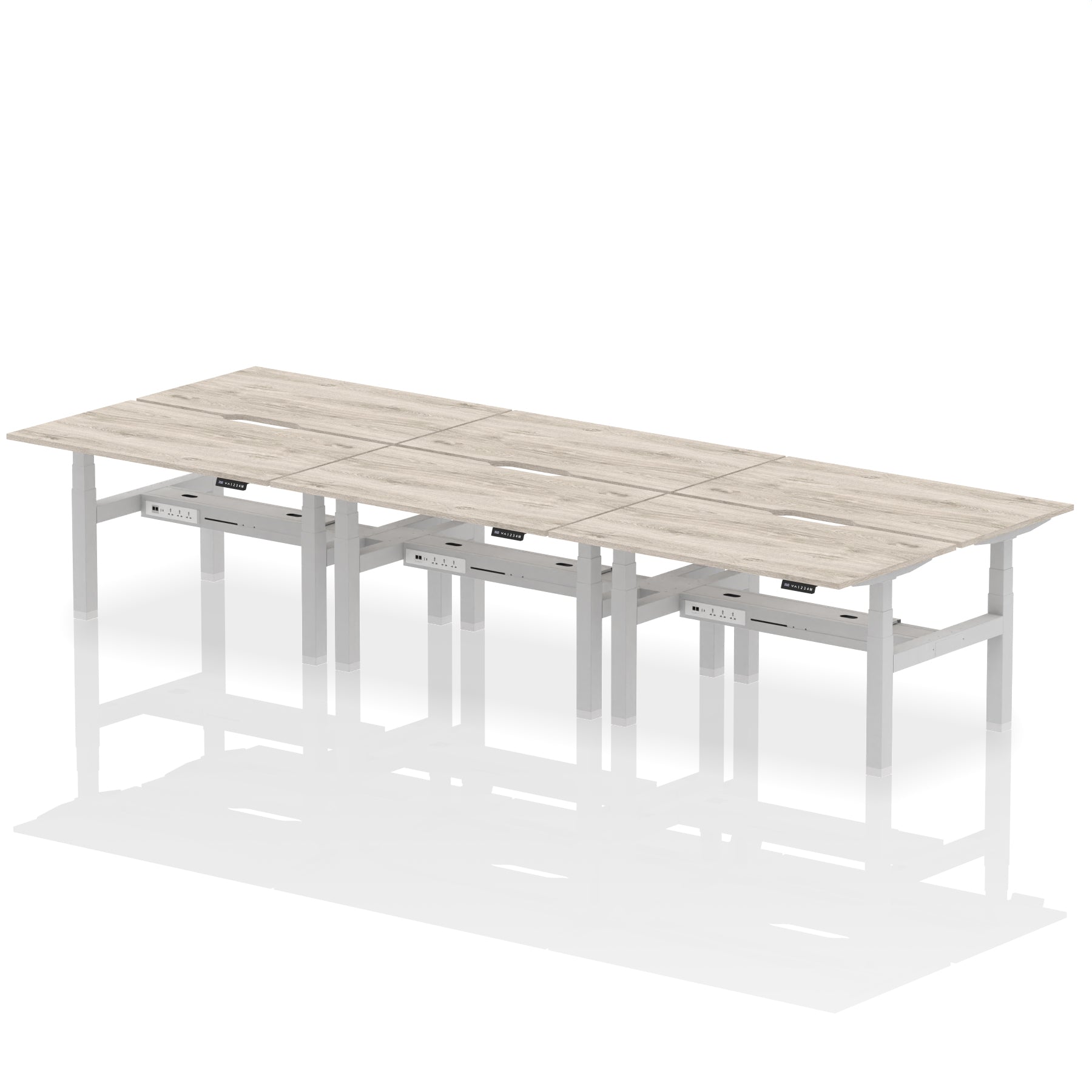 Air Back-to-Back Scalloped Edge Height Adjustable Bench Desk - 6 Person dynamic  Desk Top  Grey Oak Width 140cm