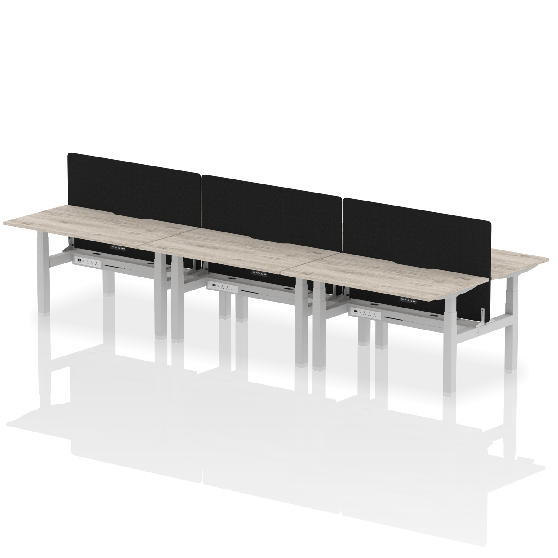 Air Back-to-Back curve Edge Height Adjustable Bench Desk - 6 Person Black Screen dynamic  Desk Top  Grey Oak Width 140cm