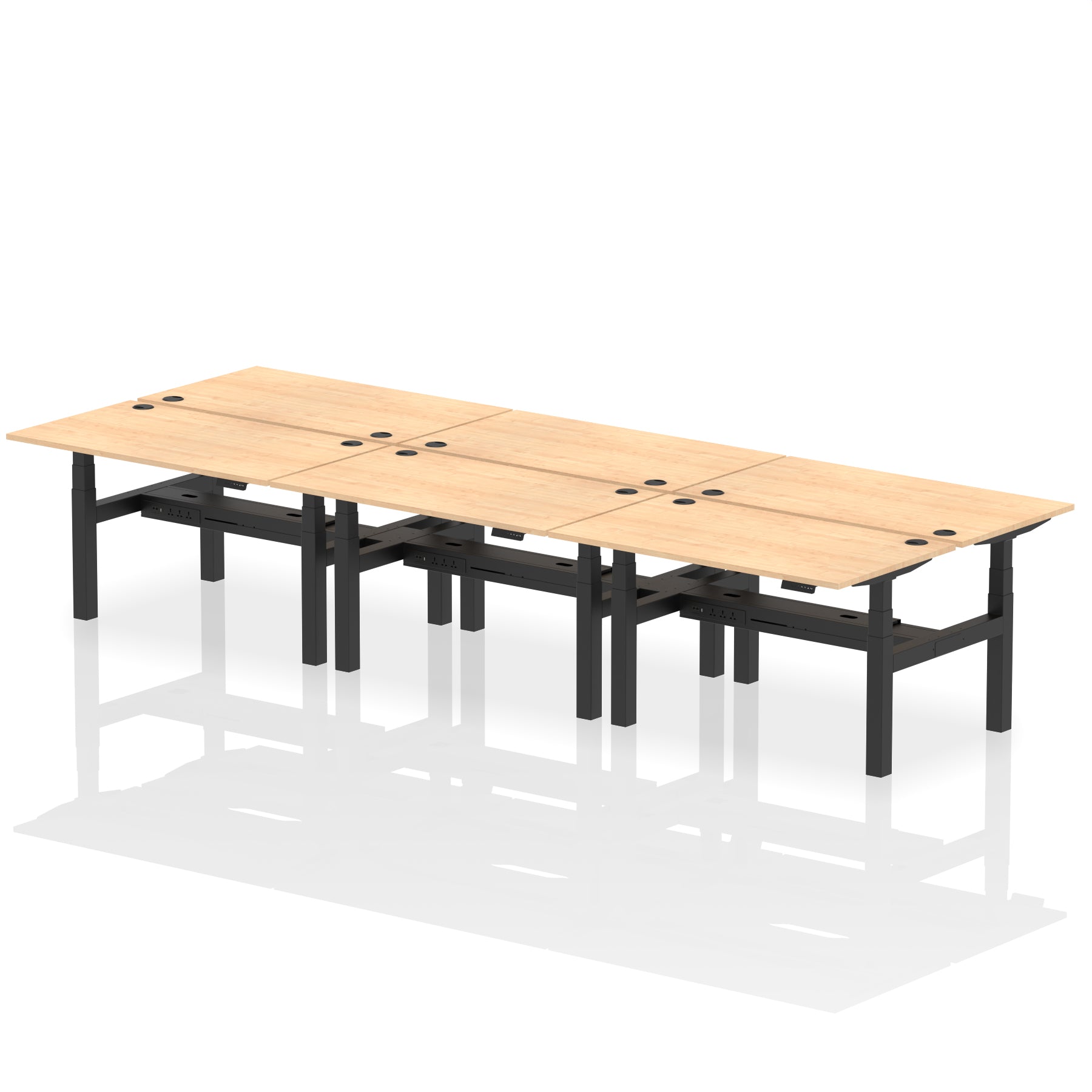 Air Back-to-Back Height Adjustable Bench Desk - 6 Person dynamic  Maple Black Frame