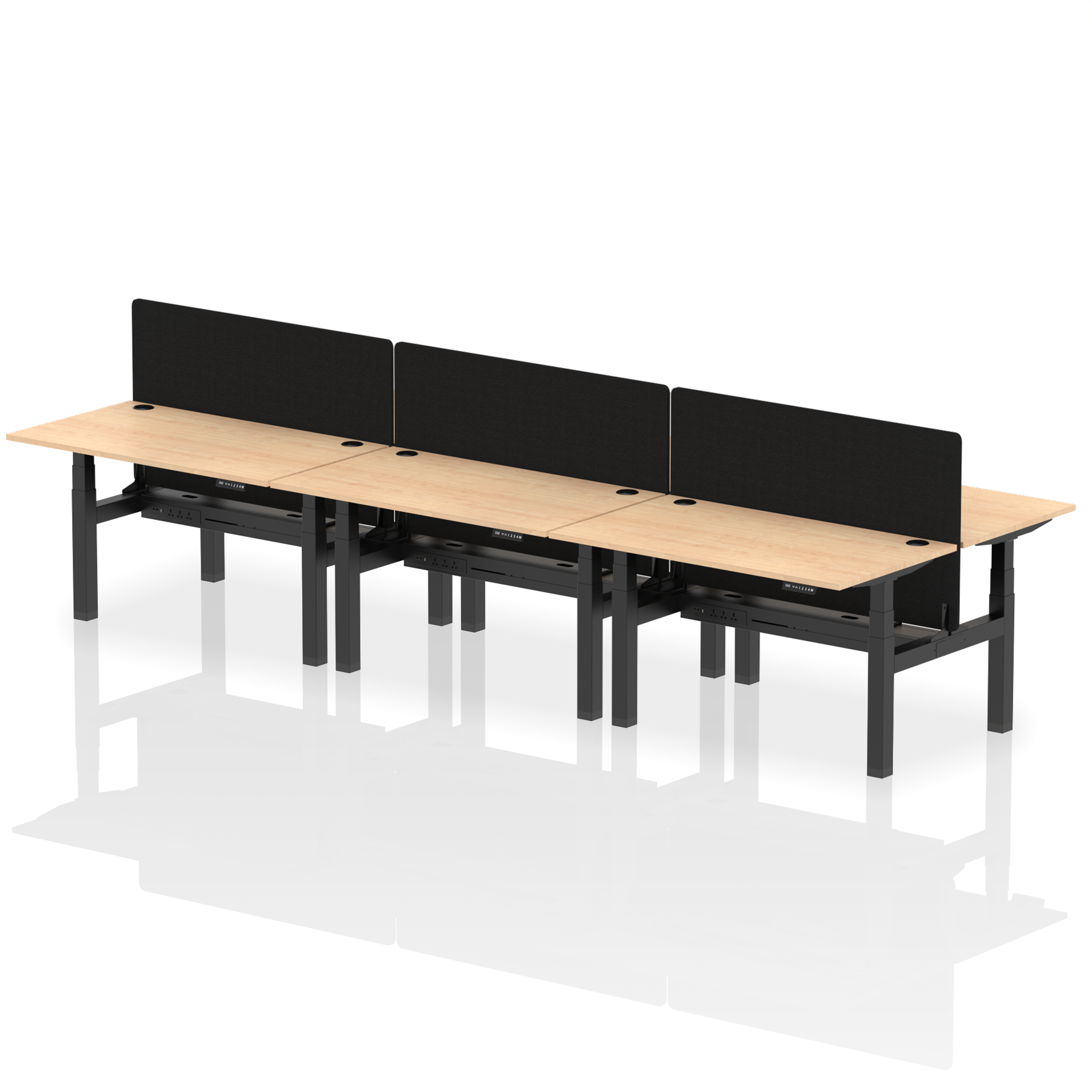 Air Back-to-Back Height Adjustable Bench Desk - 6 Person with Black Straight Screen dynamic  Desk Top  Maple Width 140cm