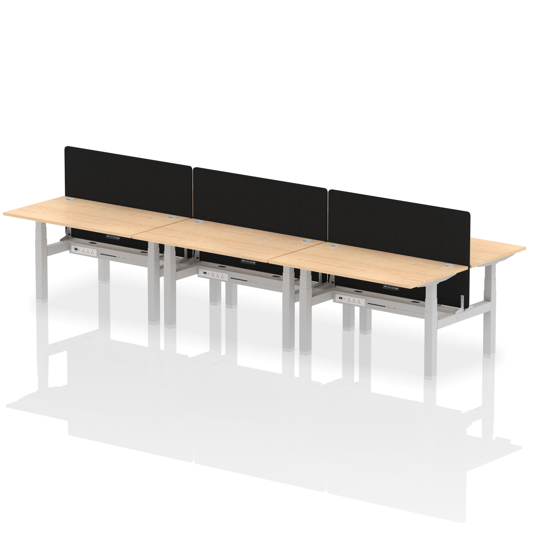 Air Back-to-Back Height Adjustable Bench Desk - 6 Person with Black Straight Screen dynamic  Desk Top  Maple Width 140cm
