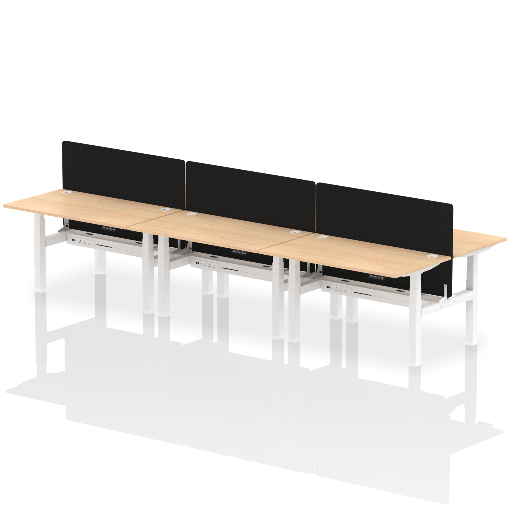 Air Back-to-Back Height Adjustable Bench Desk - 6 Person with Black Straight Screen dynamic  Desk Top  Maple Width 140cm
