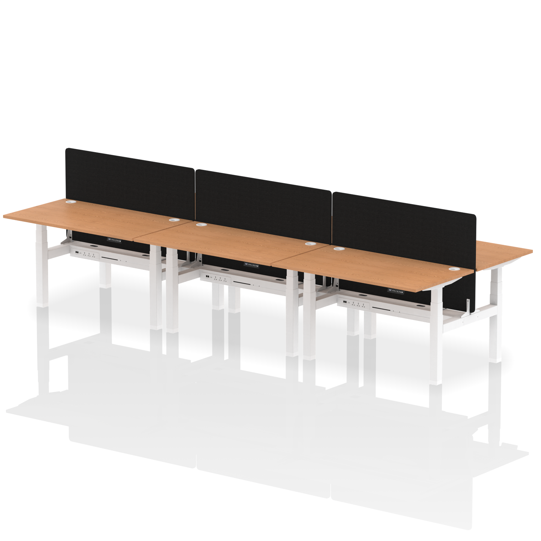Air Back-to-Back Height Adjustable Bench Desk - 6 Person with Black Straight Screen dynamic  Desk Top  Oak Width 140cm