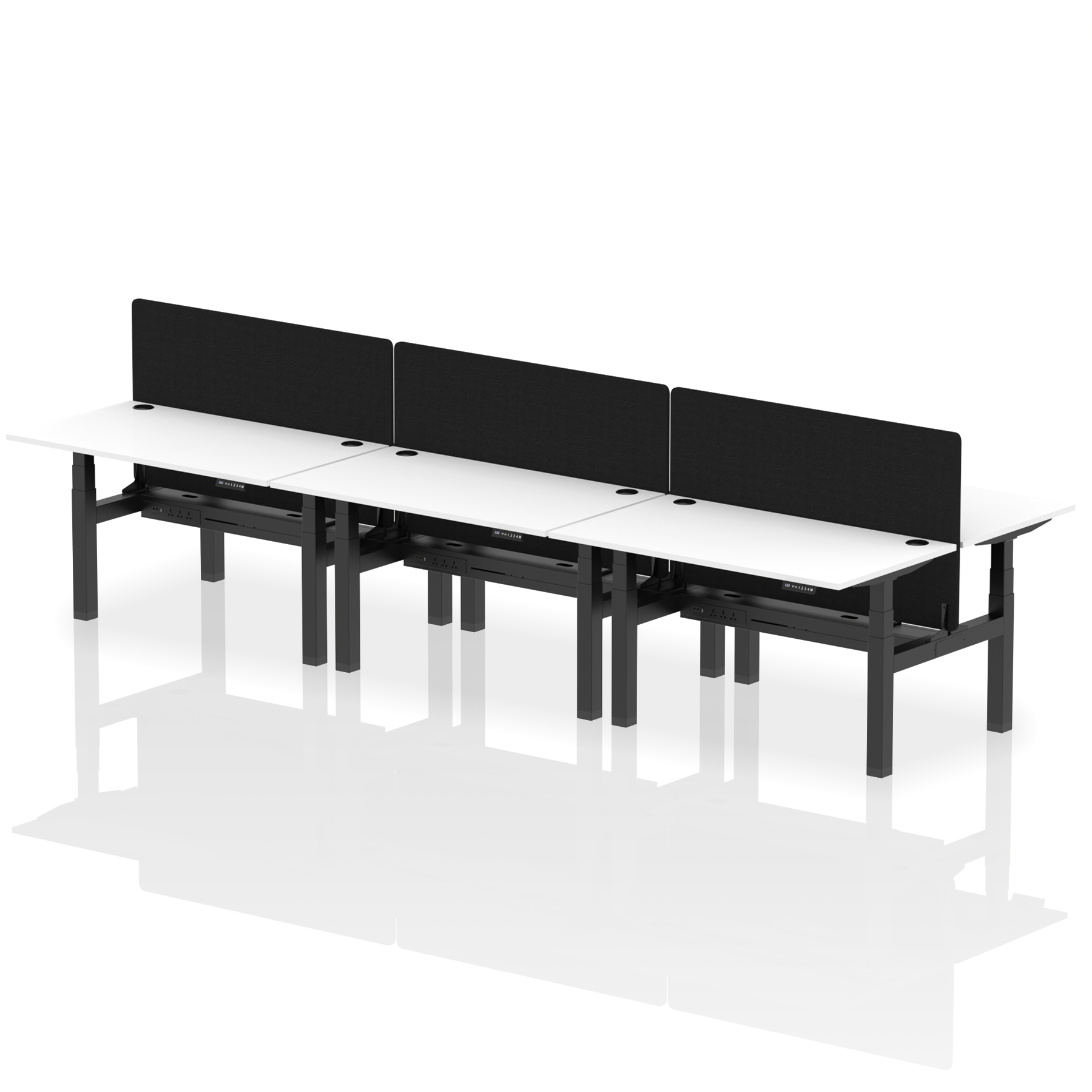 Air Back-to-Back Height Adjustable Bench Desk - 6 Person with Black Straight Screen dynamic  Desk Top  White Width 140cm
