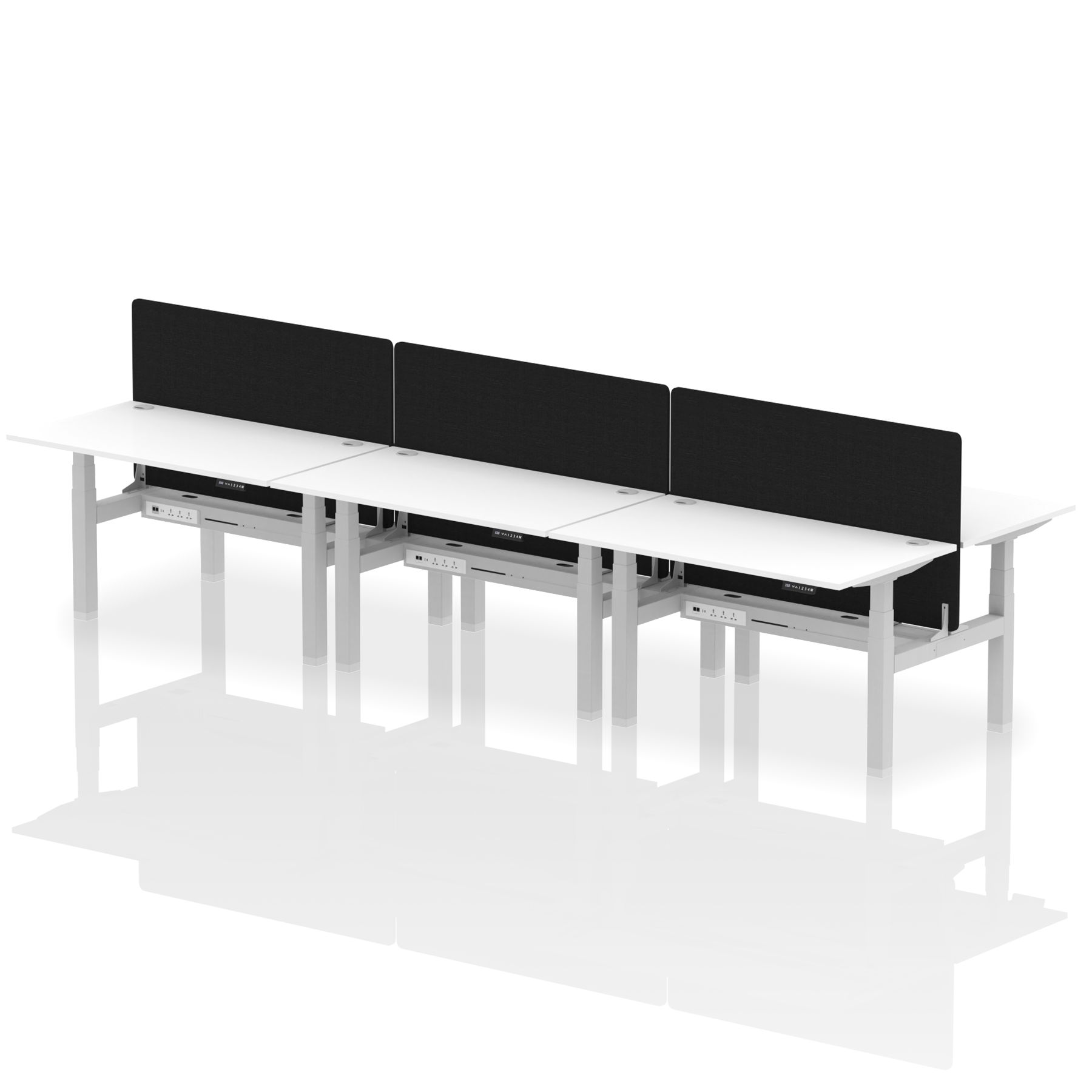 Air Back-to-Back Height Adjustable Bench Desk - 6 Person with Black Straight Screen dynamic  Desk Top  White Width 140cm