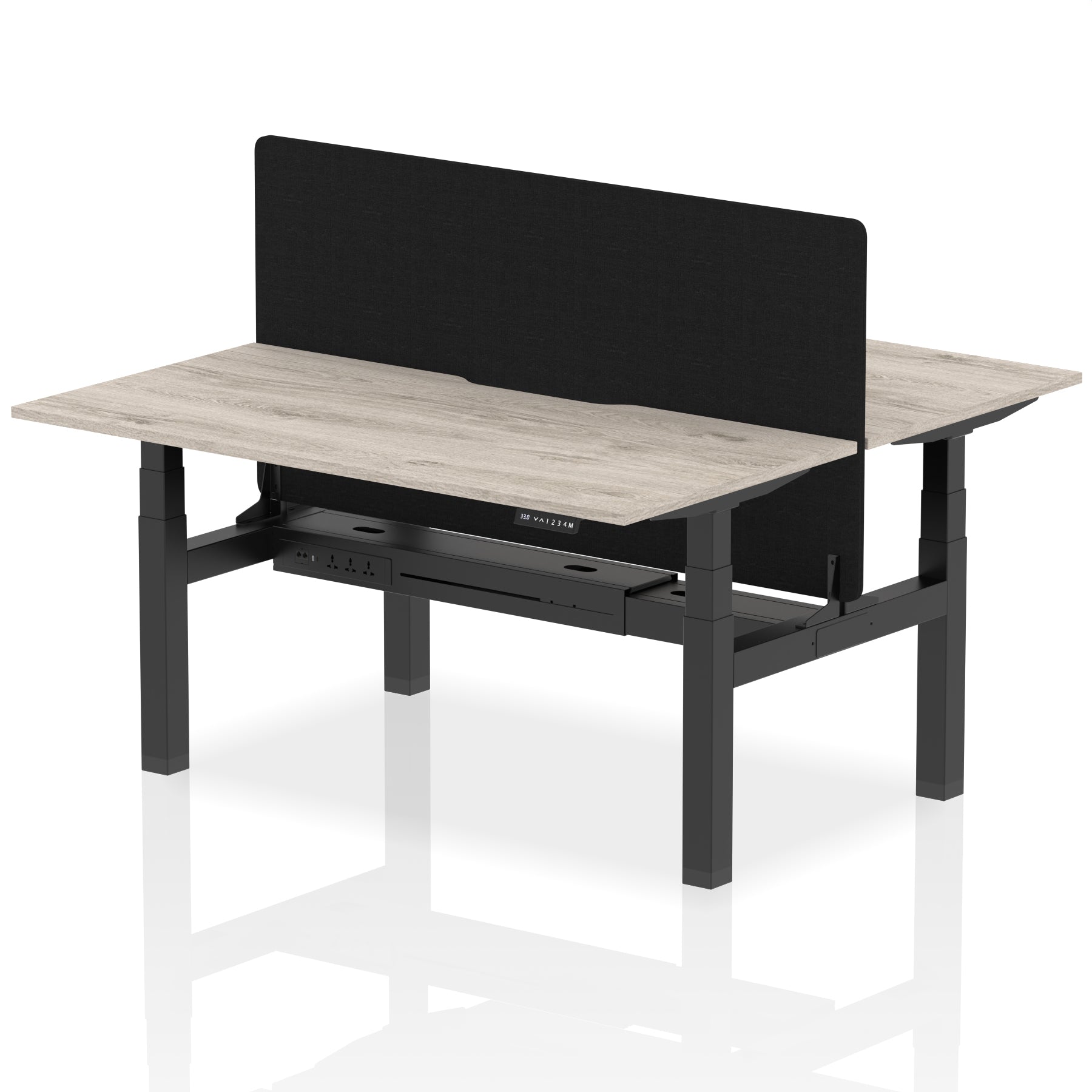 Air Back-to-Back curve Edge Height Adjustable Bench Desk - 2 Person Black Screen dynamic  Desk Top  Grey Oak Width 160cm