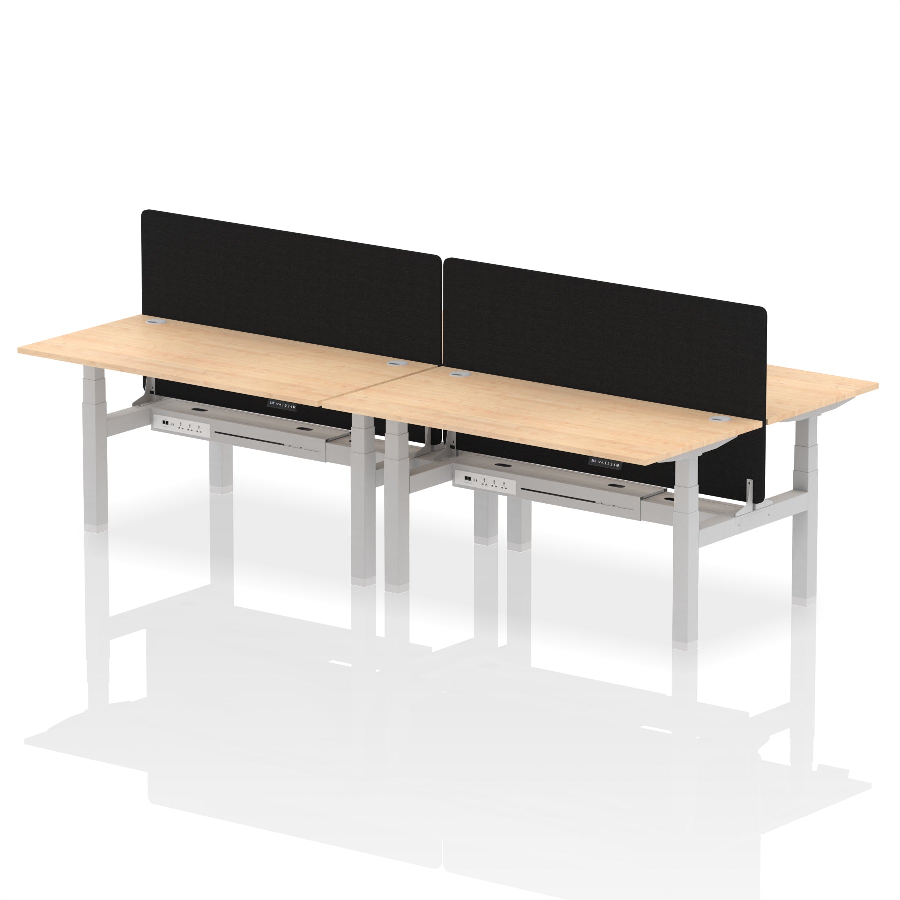 Air Back-to-Back Height Adjustable Bench Desk - 4 Person with Black Straight Screen dynamic  Desk Top  Maple Width 160cm