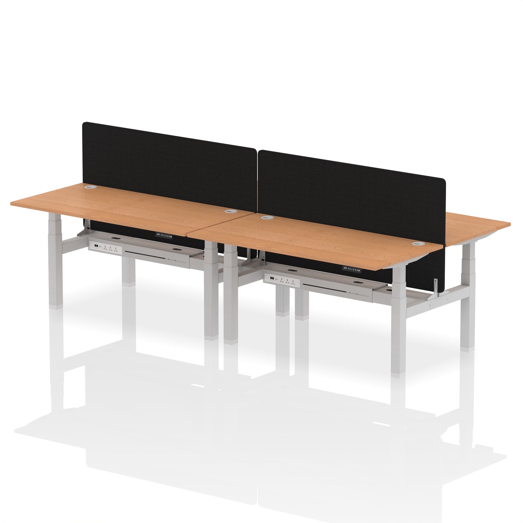 Air Back-to-Back Height Adjustable Bench Desk - 4 Person with Black Straight Screen dynamic  Desk Top  Oak Width 160cm