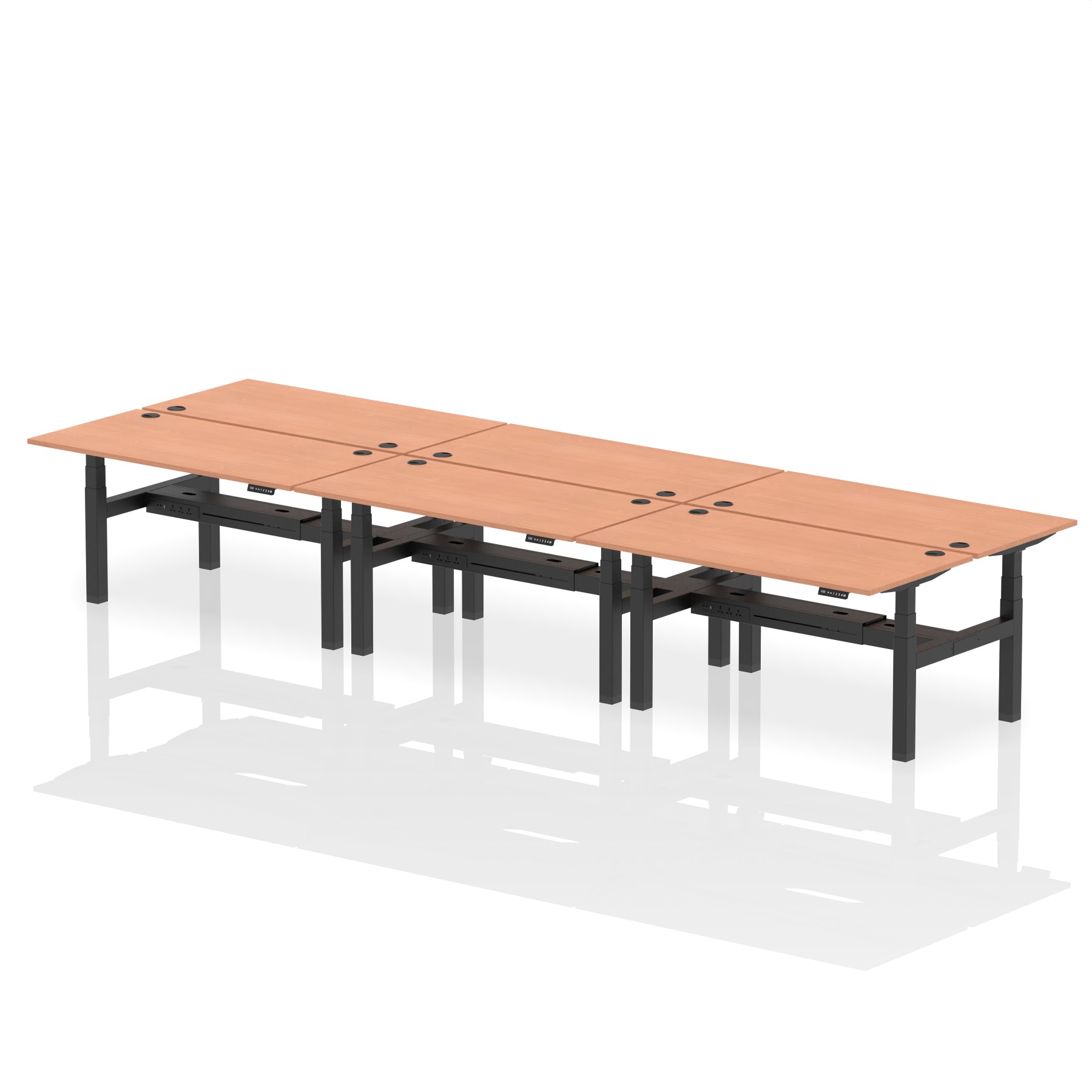 Air Back-to-Back Height Adjustable Bench Desk - 6 Person dynamic  Oak Black Frame
