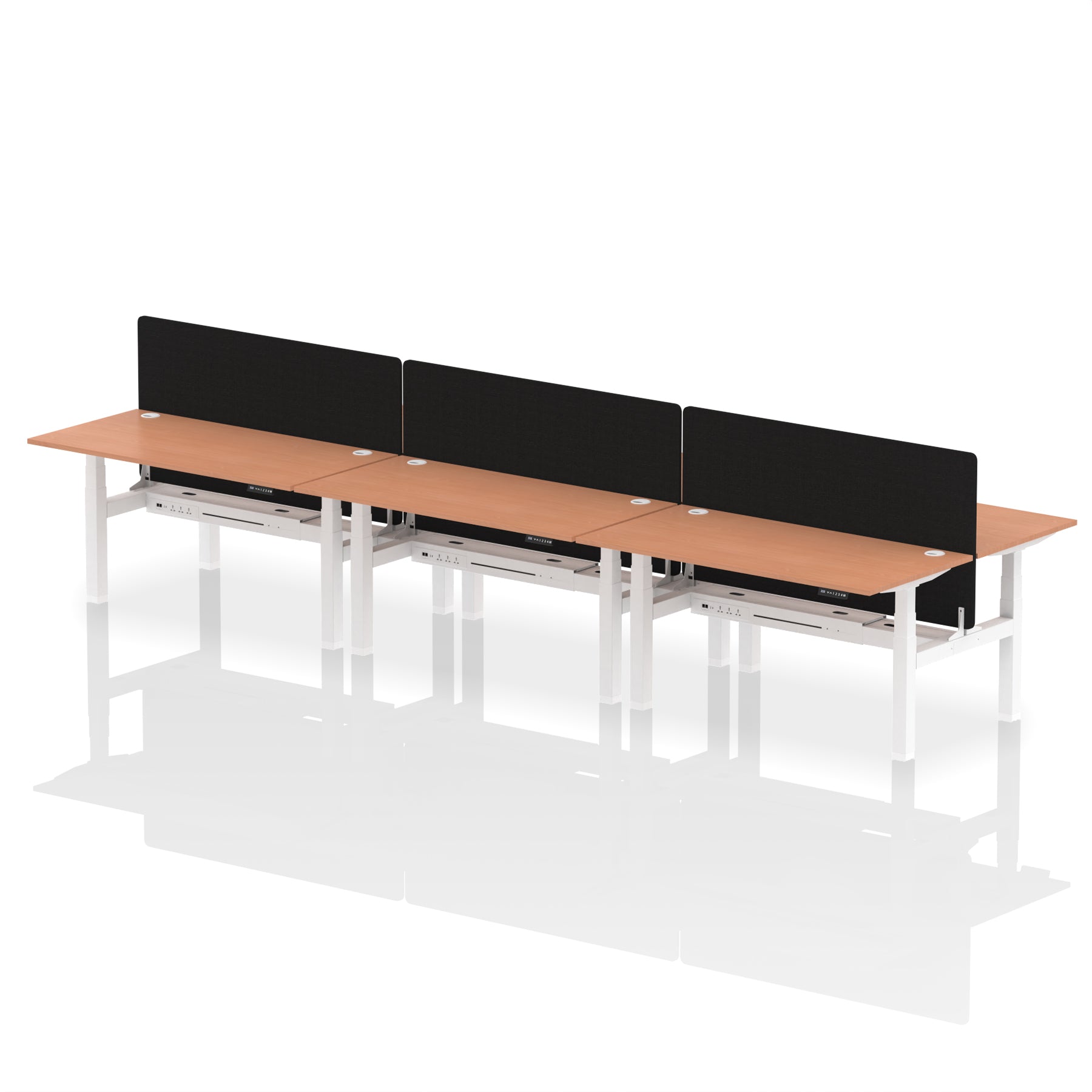 Air Back-to-Back Height Adjustable Bench Desk - 6 Person with Black Straight Screen dynamic  Desk Top  Beech Width 160cm