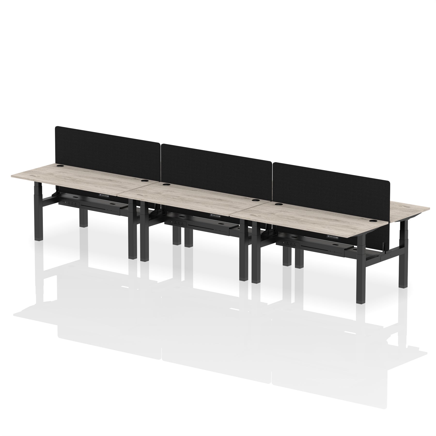 Air Back-to-Back Height Adjustable Bench Desk - 6 Person Black Screen dynamic  Desk Top  Grey Oak Width 160cm