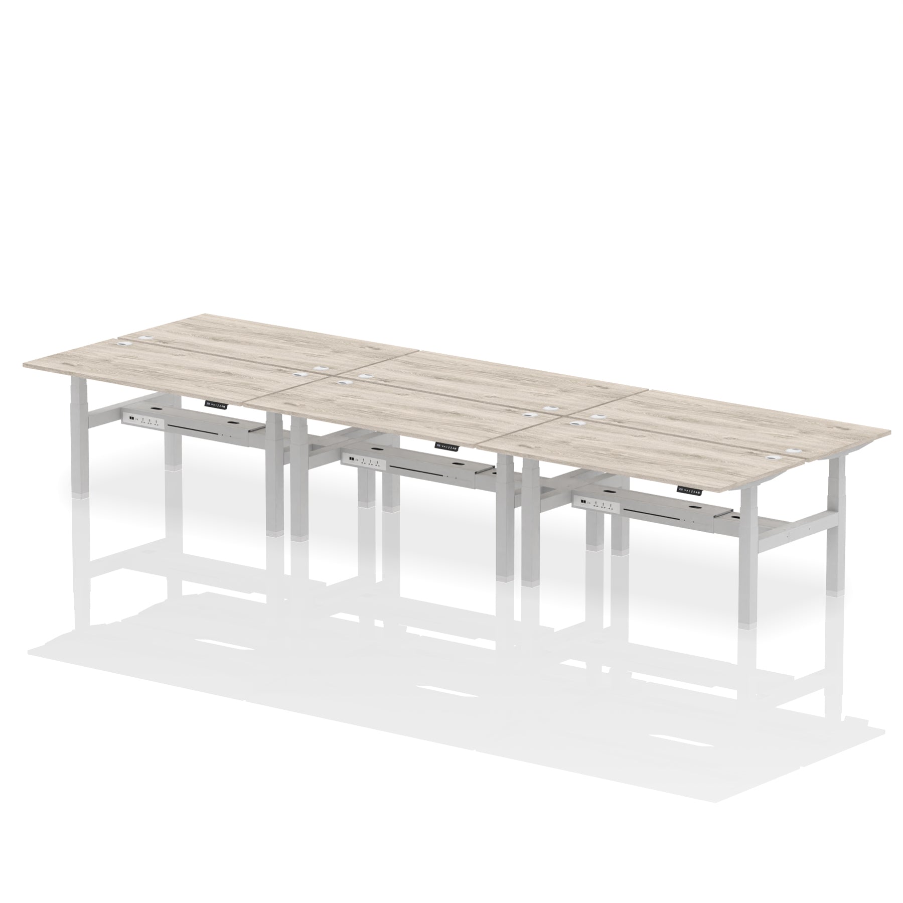 Air Back-to-Back Height Adjustable Bench Desk - 6 Person dynamic  Oak Silver Frame
