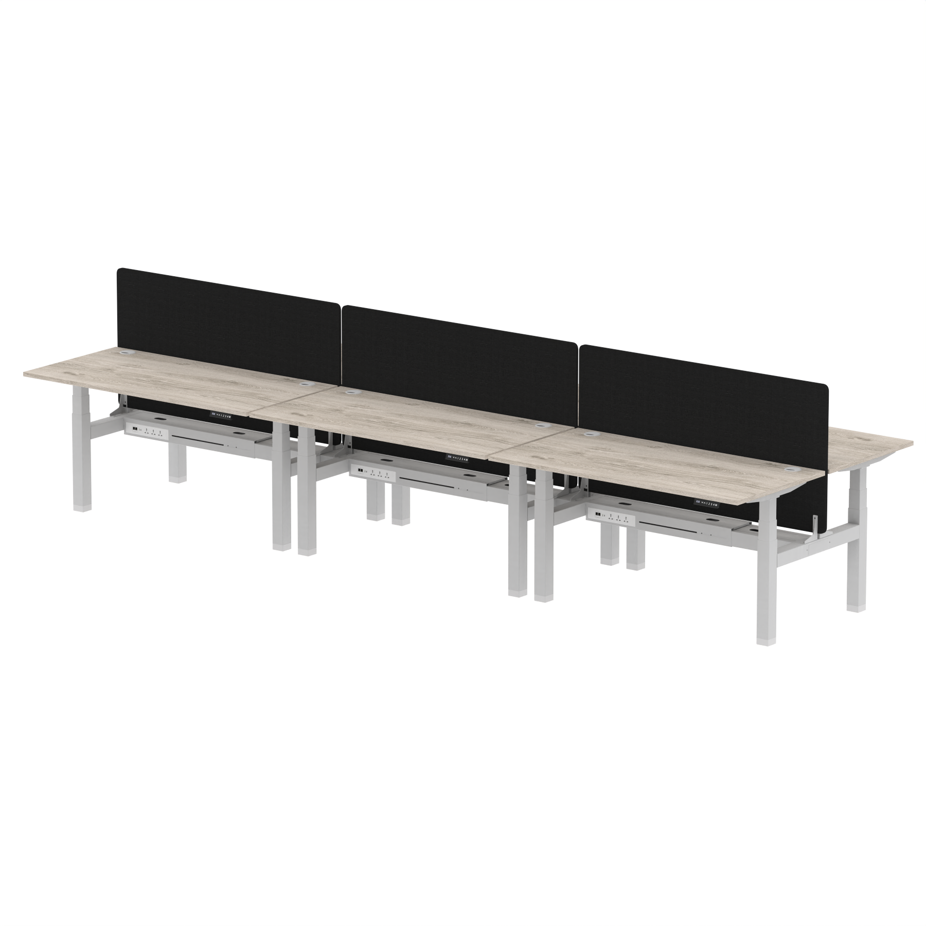 Air Back-to-Back Height Adjustable Bench Desk - 6 Person Black Screen dynamic  Desk Top  Grey Oak Width 160cm