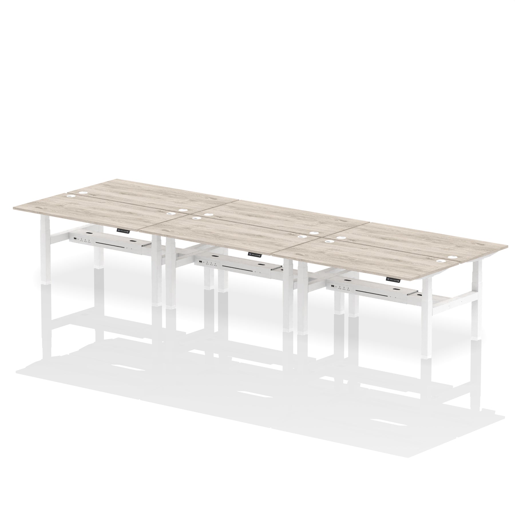 Air Back-to-Back Height Adjustable Bench Desk - 6 Person dynamic  Oak Silver Frame