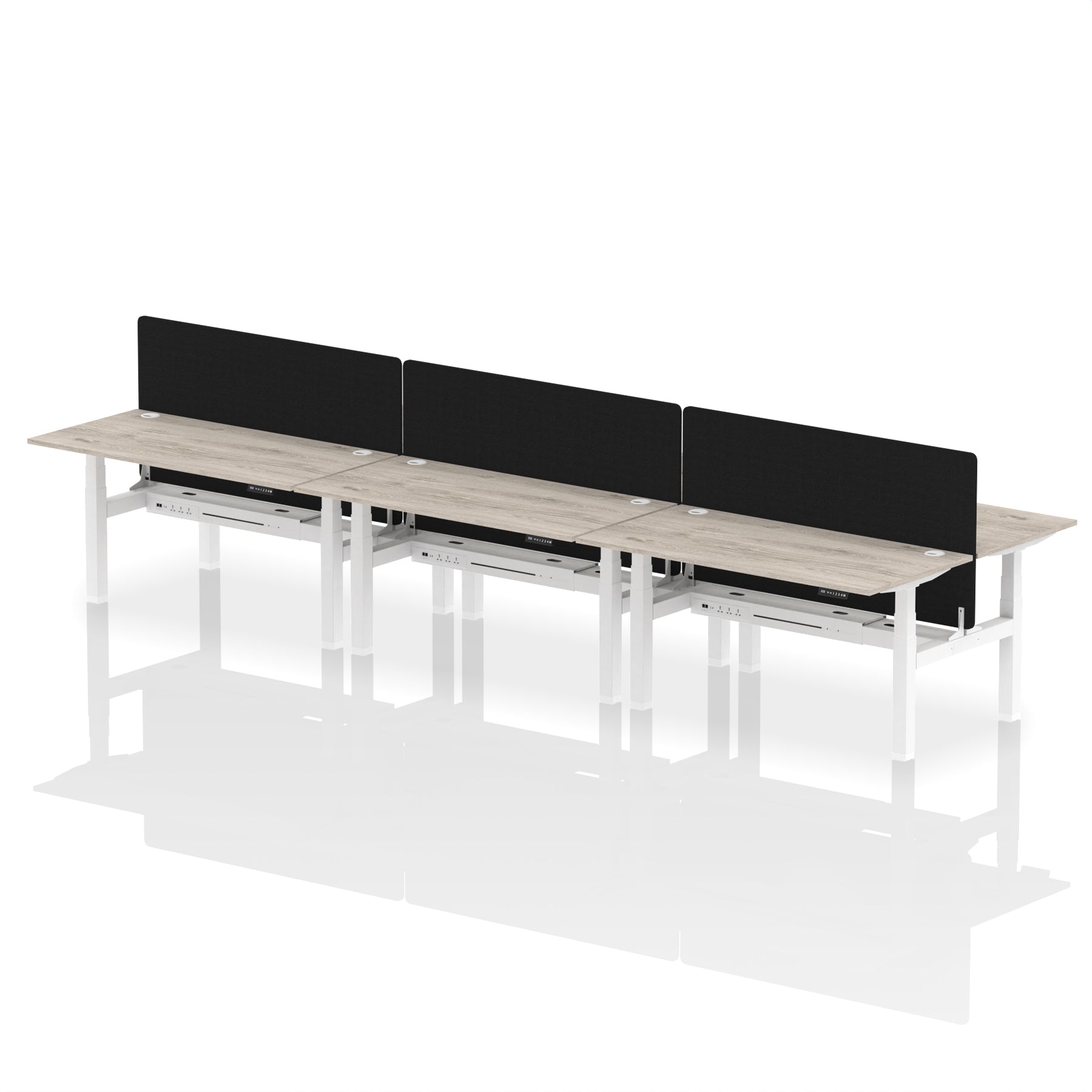 Air Back-to-Back Height Adjustable Bench Desk - 6 Person Black Screen dynamic  Desk Top  Grey Oak Width 160cm