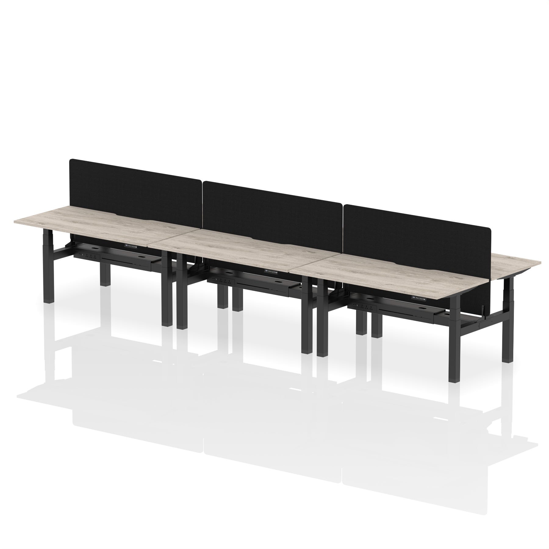Air Back-to-Back curve Edge Height Adjustable Bench Desk - 6 Person Black Screen dynamic  Desk Top  Grey Oak Width 160cm