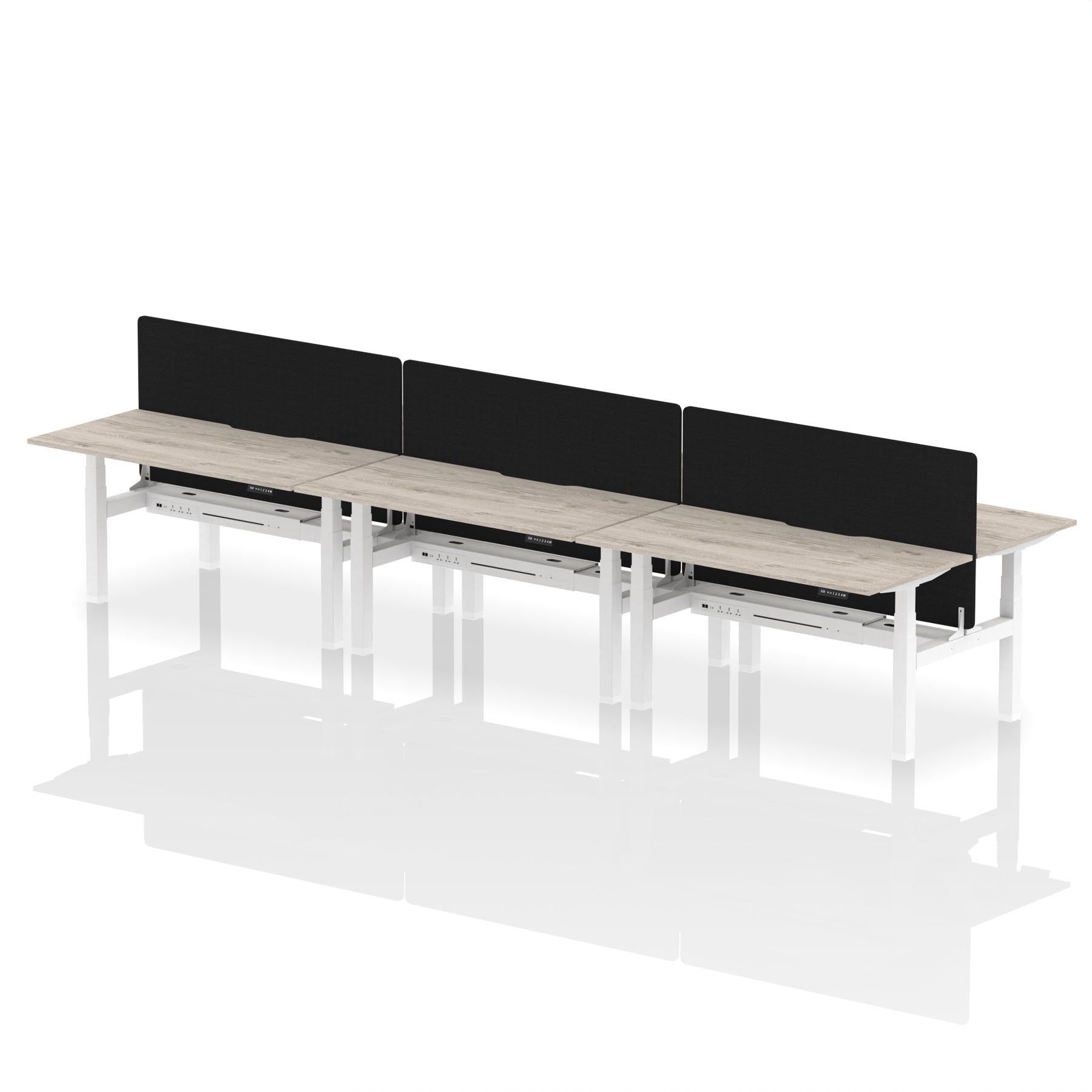 Air Back-to-Back curve Edge Height Adjustable Bench Desk - 6 Person Black Screen dynamic  Desk Top  Grey Oak Width 160cm