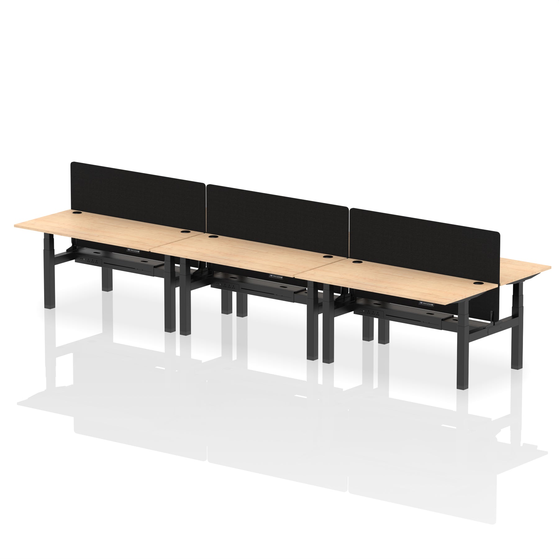 Air Back-to-Back Height Adjustable Bench Desk - 6 Person with Black Straight Screen dynamic  Desk Top  Maple Width 160cm