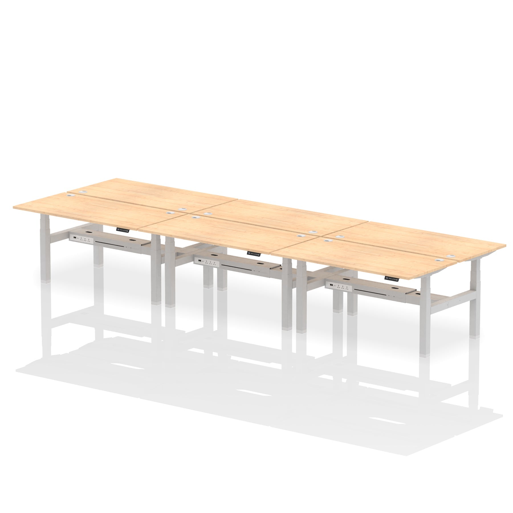 Air Back-to-Back Height Adjustable Bench Desk - 6 Person dynamic  Oak White Frame