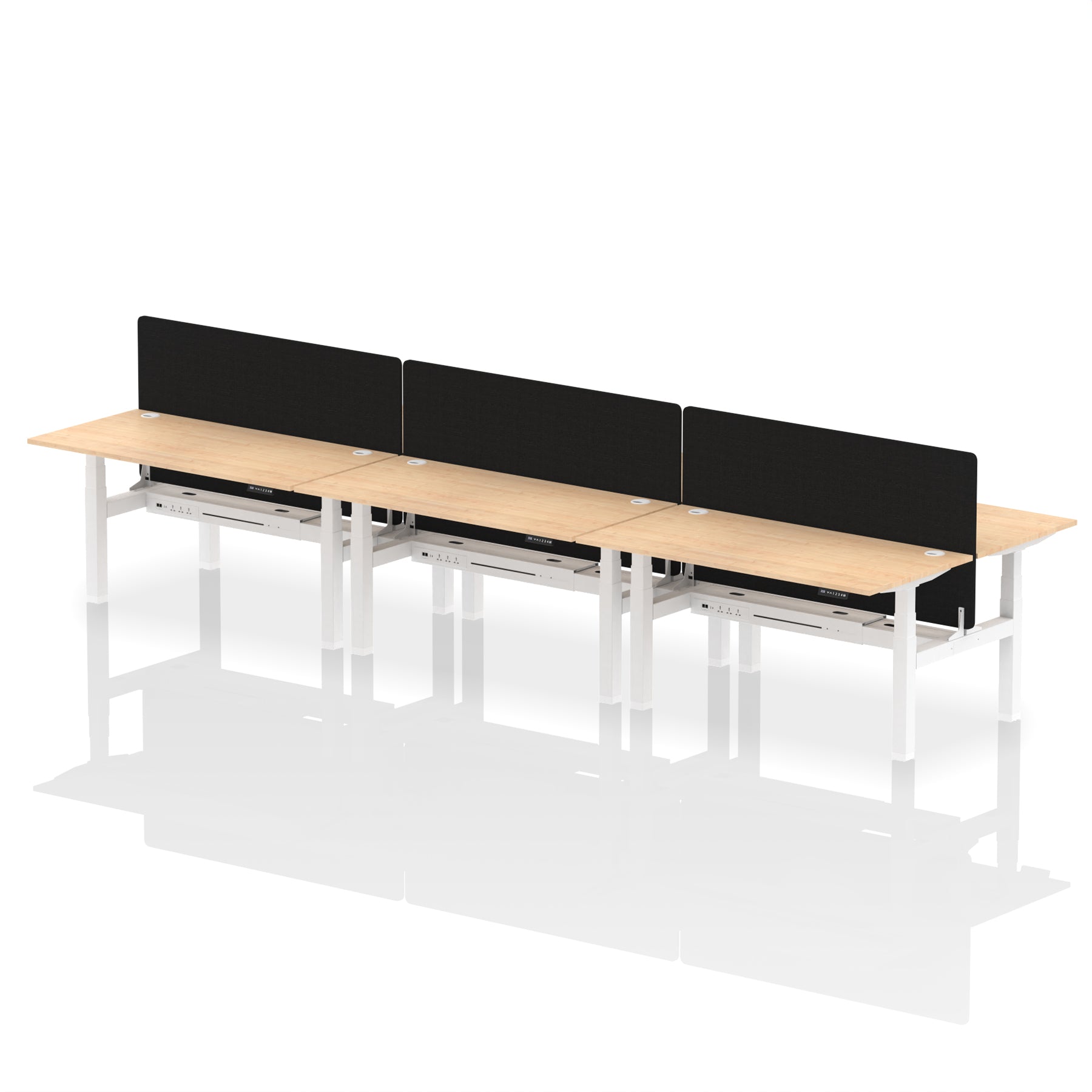 Air Back-to-Back Height Adjustable Bench Desk - 6 Person with Black Straight Screen dynamic  Desk Top  Maple Width 160cm