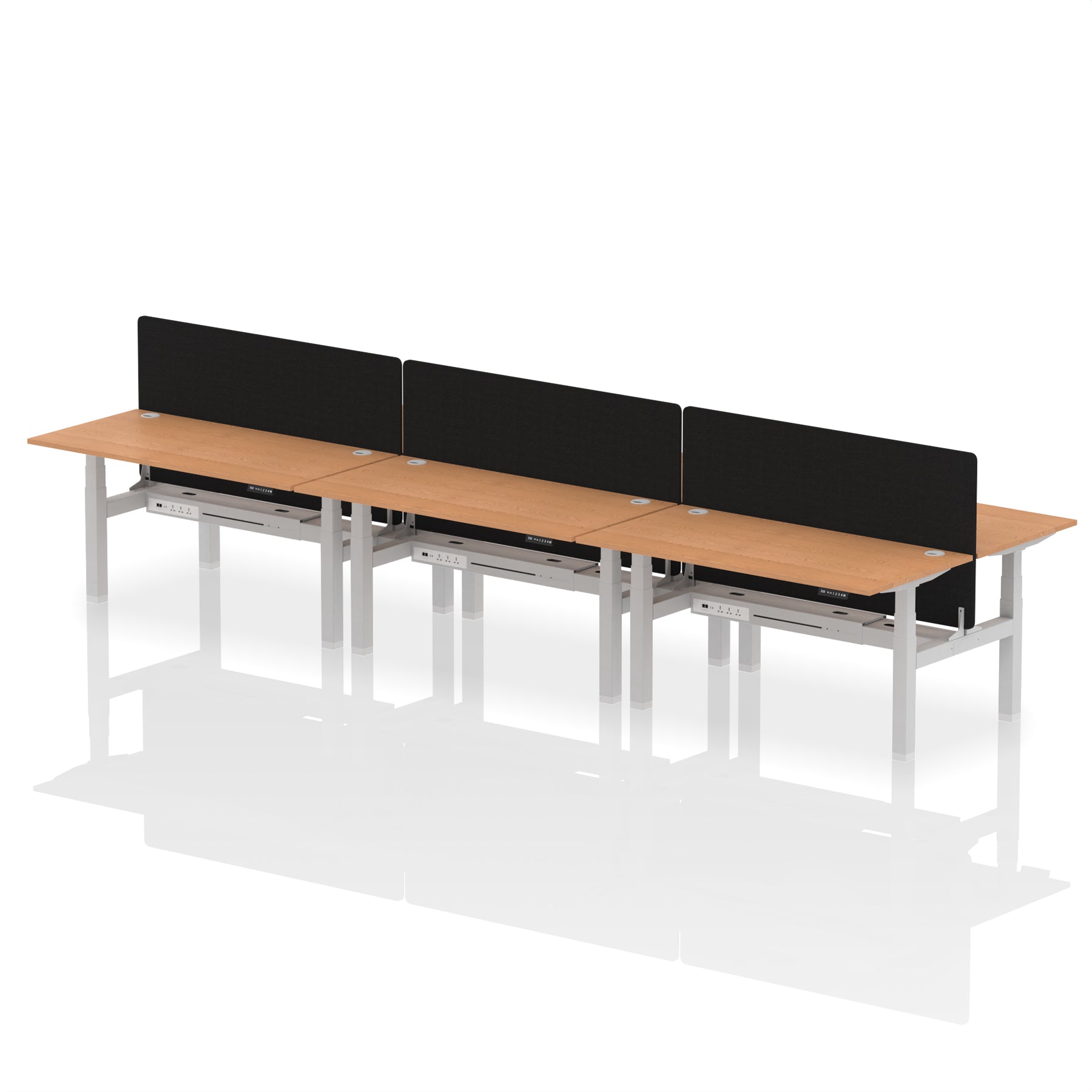 Air Back-to-Back Height Adjustable Bench Desk - 6 Person with Black Straight Screen dynamic  Desk Top  Oak Width 160cm