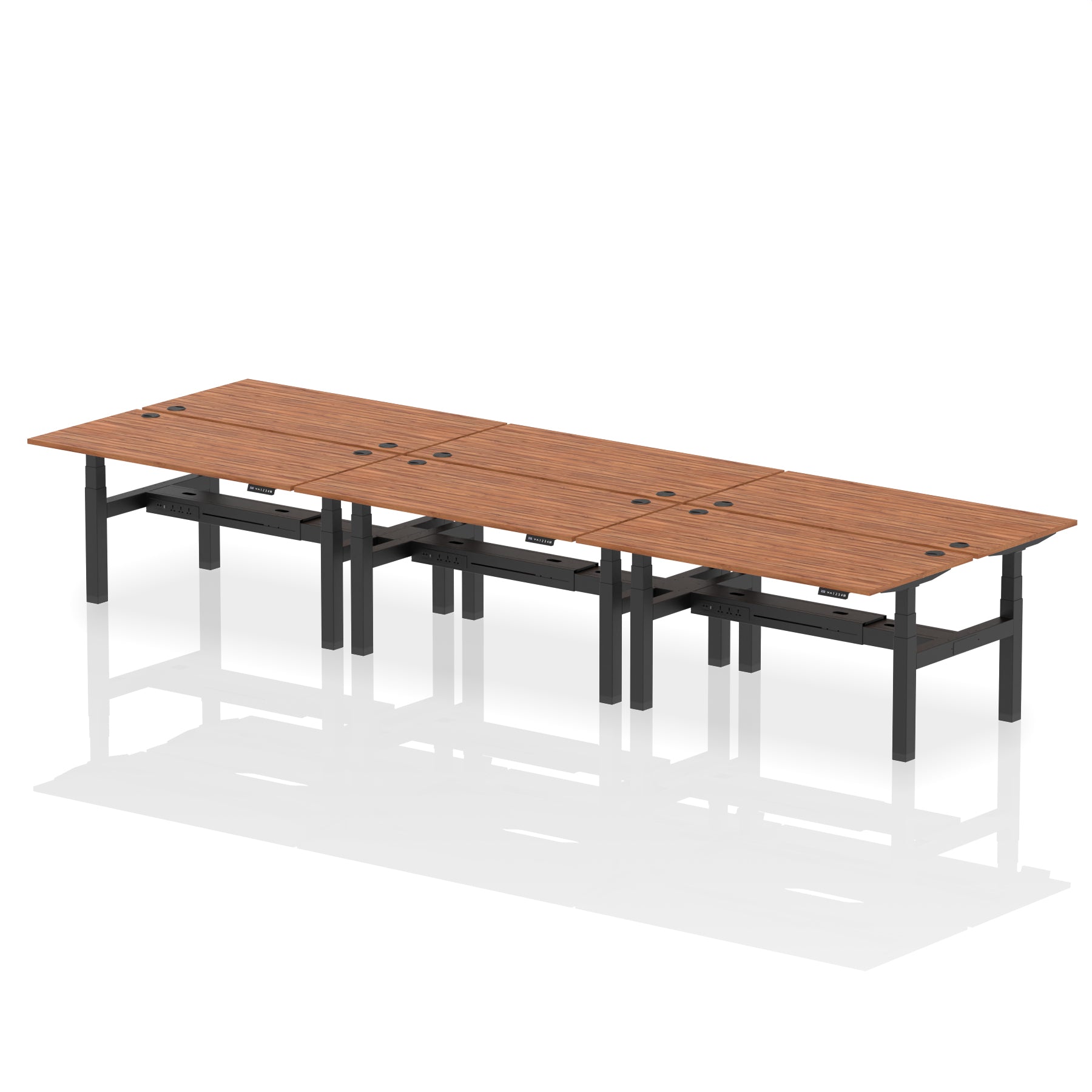 Air Back-to-Back Height Adjustable Bench Desk - 6 Person dynamic  Walnut Black Frame