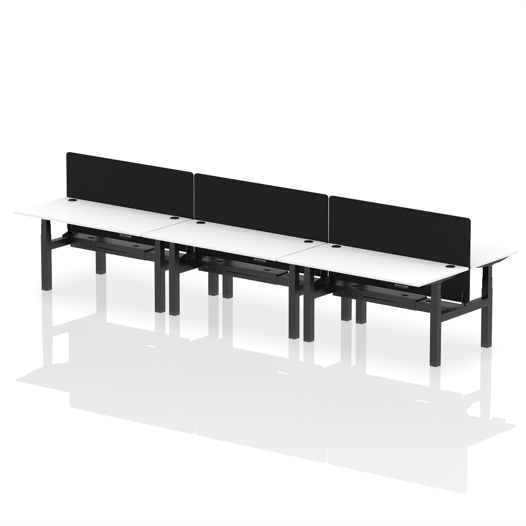 Air Back-to-Back Height Adjustable Bench Desk - 6 Person with Black Straight Screen dynamic  Desk Top  White Width 160cm