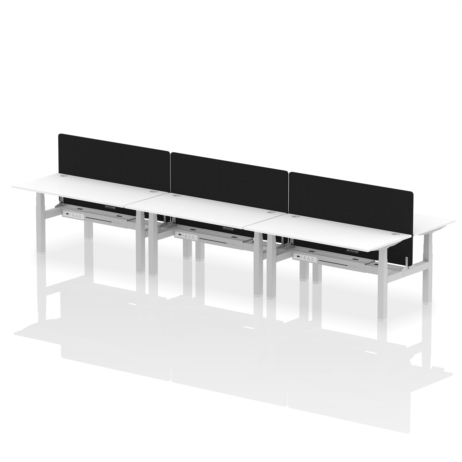 Air Back-to-Back Height Adjustable Bench Desk - 6 Person with Black Straight Screen dynamic  Desk Top  White Width 160cm
