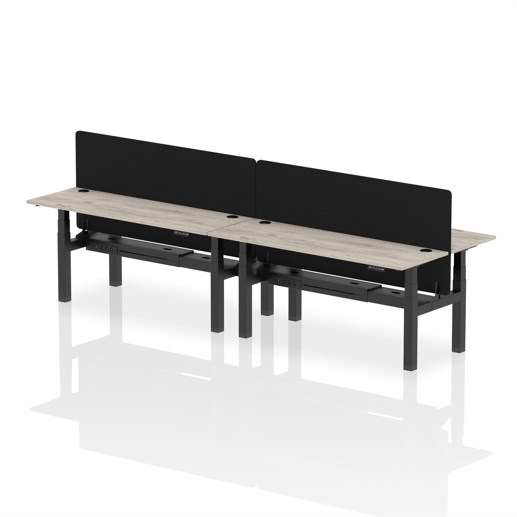 Air Back-to-Back Height Adjustable Bench Desk - 4 Person Black Screen dynamic  Desk Top  Grey Oak Width 180cm