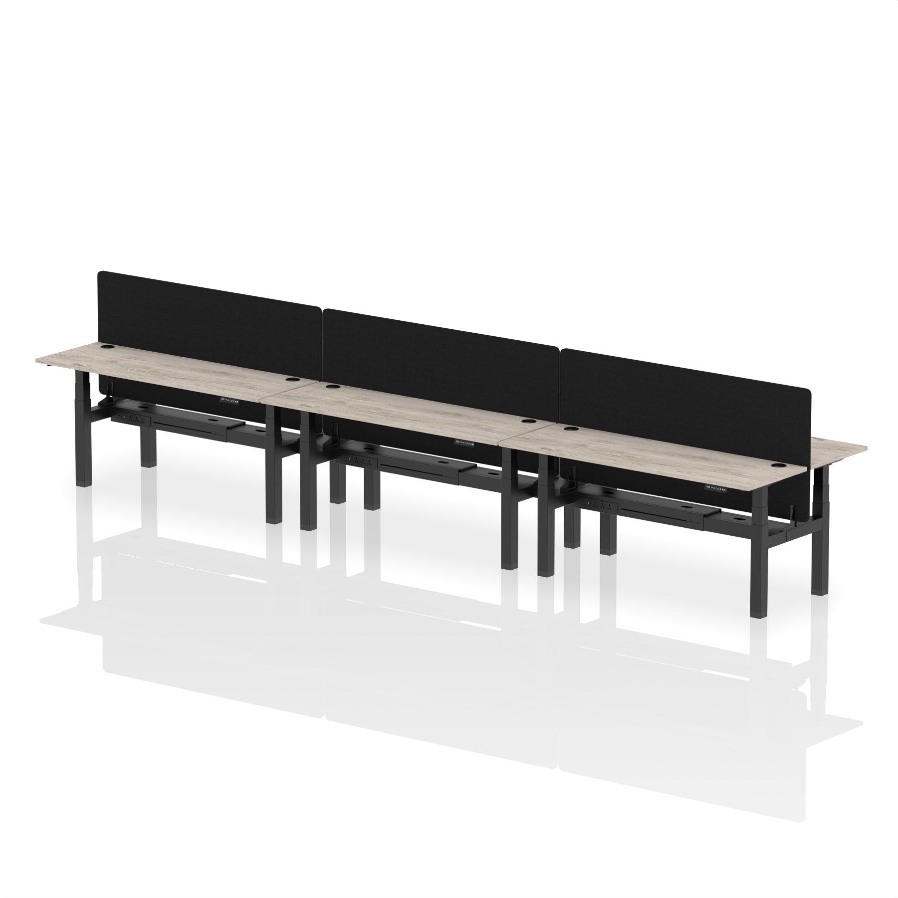 Air Back-to-Back Height Adjustable Bench Desk - 6 Person Black Screen dynamic  Desk Top  Grey Oak Width 180cm
