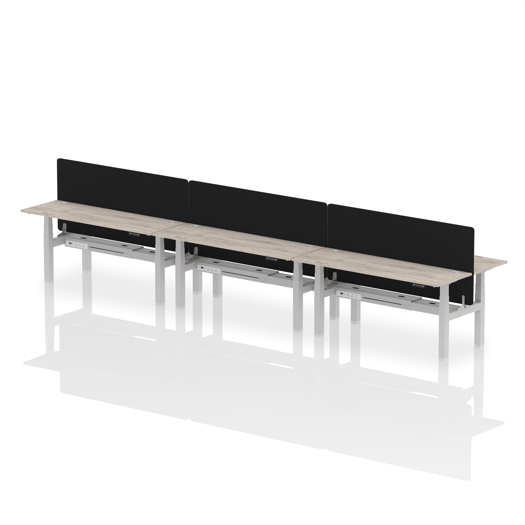 Air Back-to-Back Height Adjustable Bench Desk - 6 Person Black Screen dynamic  Desk Top  Grey Oak Width 180cm