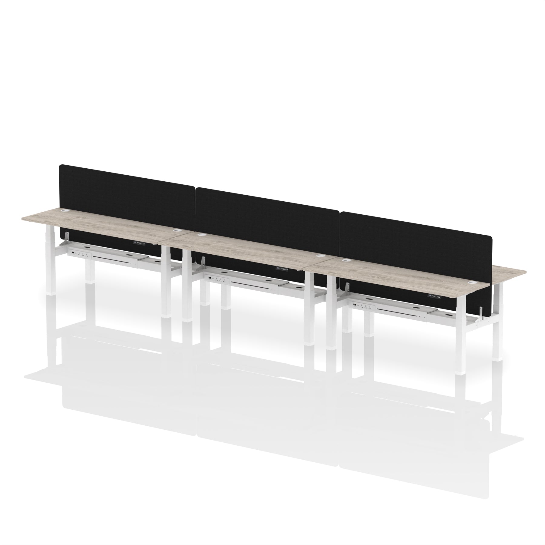 Air Back-to-Back Height Adjustable Bench Desk - 6 Person Black Screen dynamic  Desk Top  Grey Oak Width 180cm