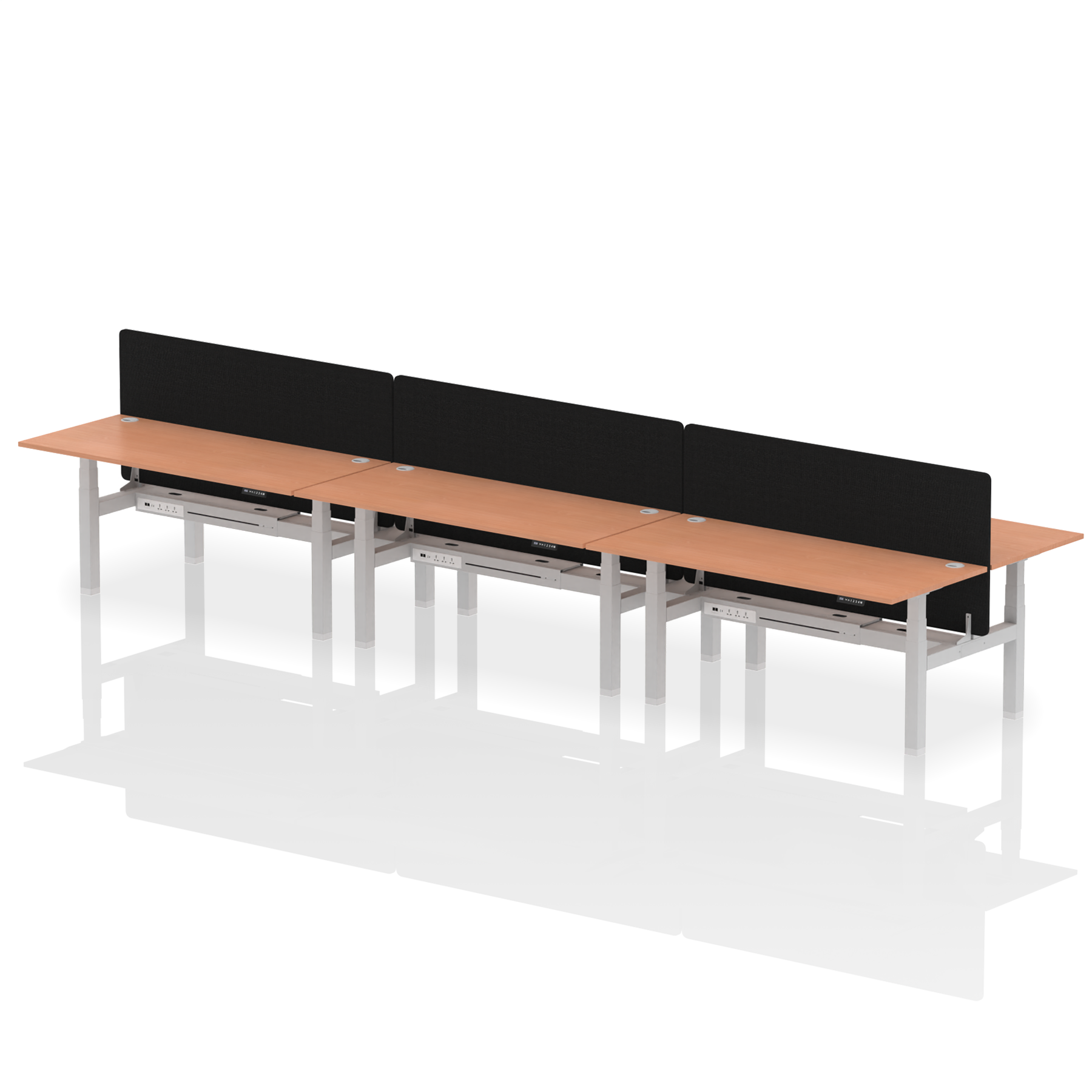 Air Back-to-Back Height Adjustable Bench Desk - 6 Person with Black Straight Screen dynamic  Desk Top  Beech Width 180cm