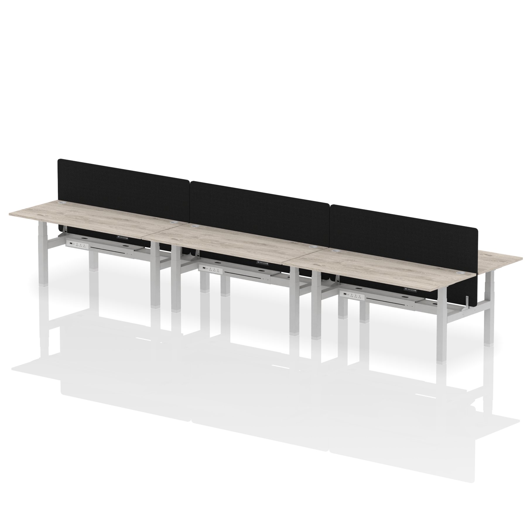 Air Back-to-Back Height Adjustable Bench Desk - 6 Person Black Screen dynamic  Desk Top  Grey Oak Width 180cm