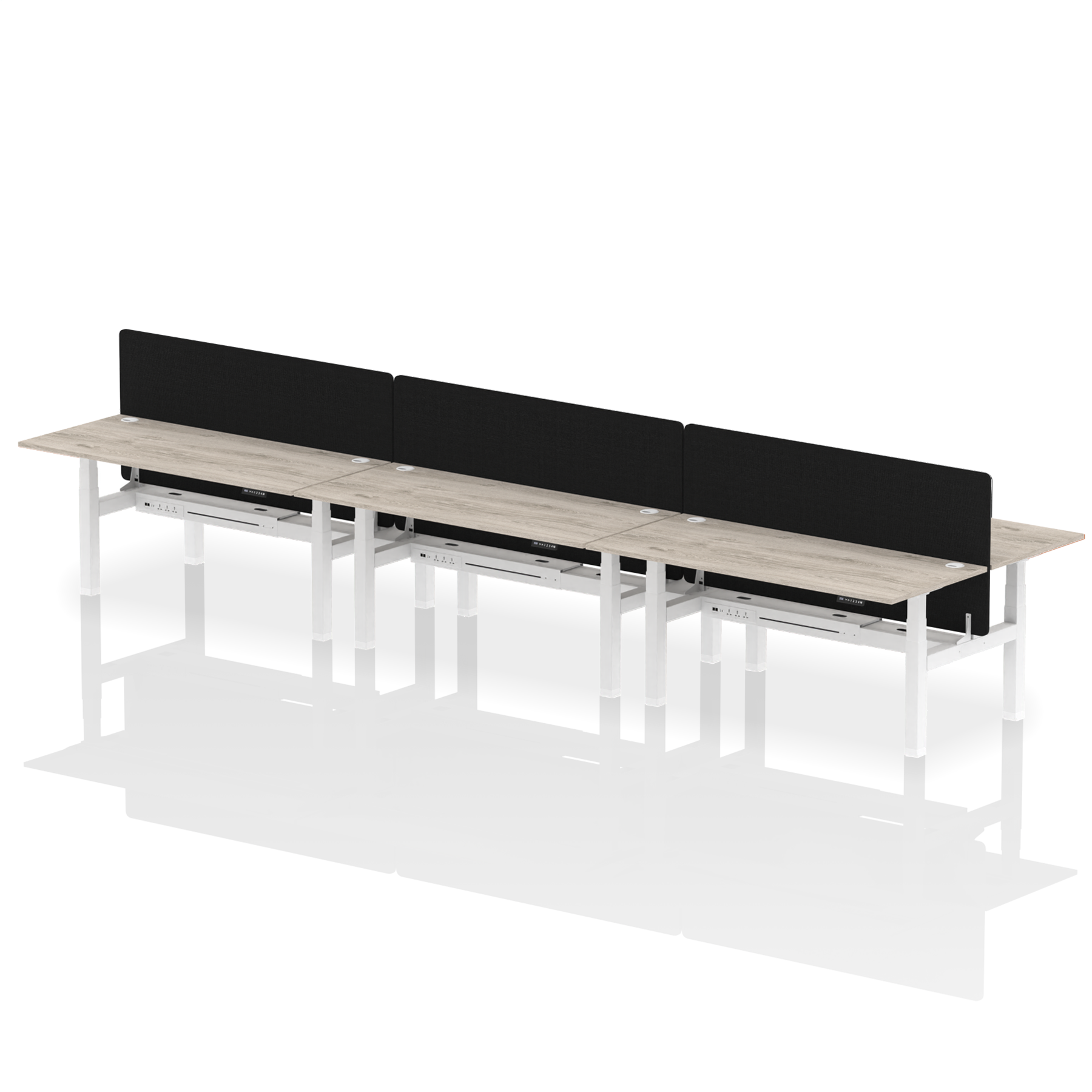 Air Back-to-Back Height Adjustable Bench Desk - 6 Person Black Screen dynamic  Desk Top  Grey Oak Width 180cm