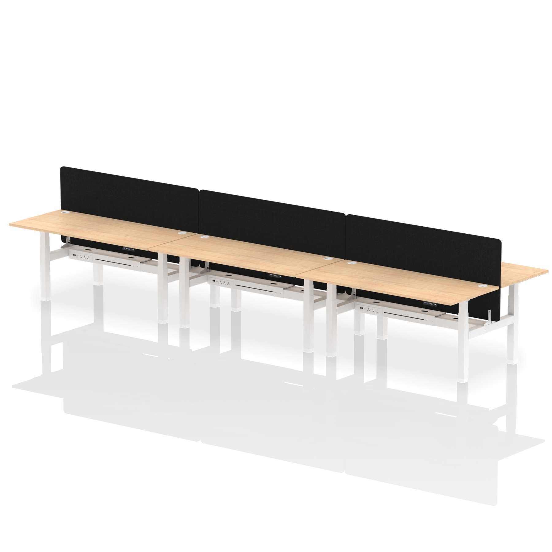 Air Back-to-Back Height Adjustable Bench Desk - 6 Person with Black Straight Screen dynamic  Desk Top  Maple Width 180cm