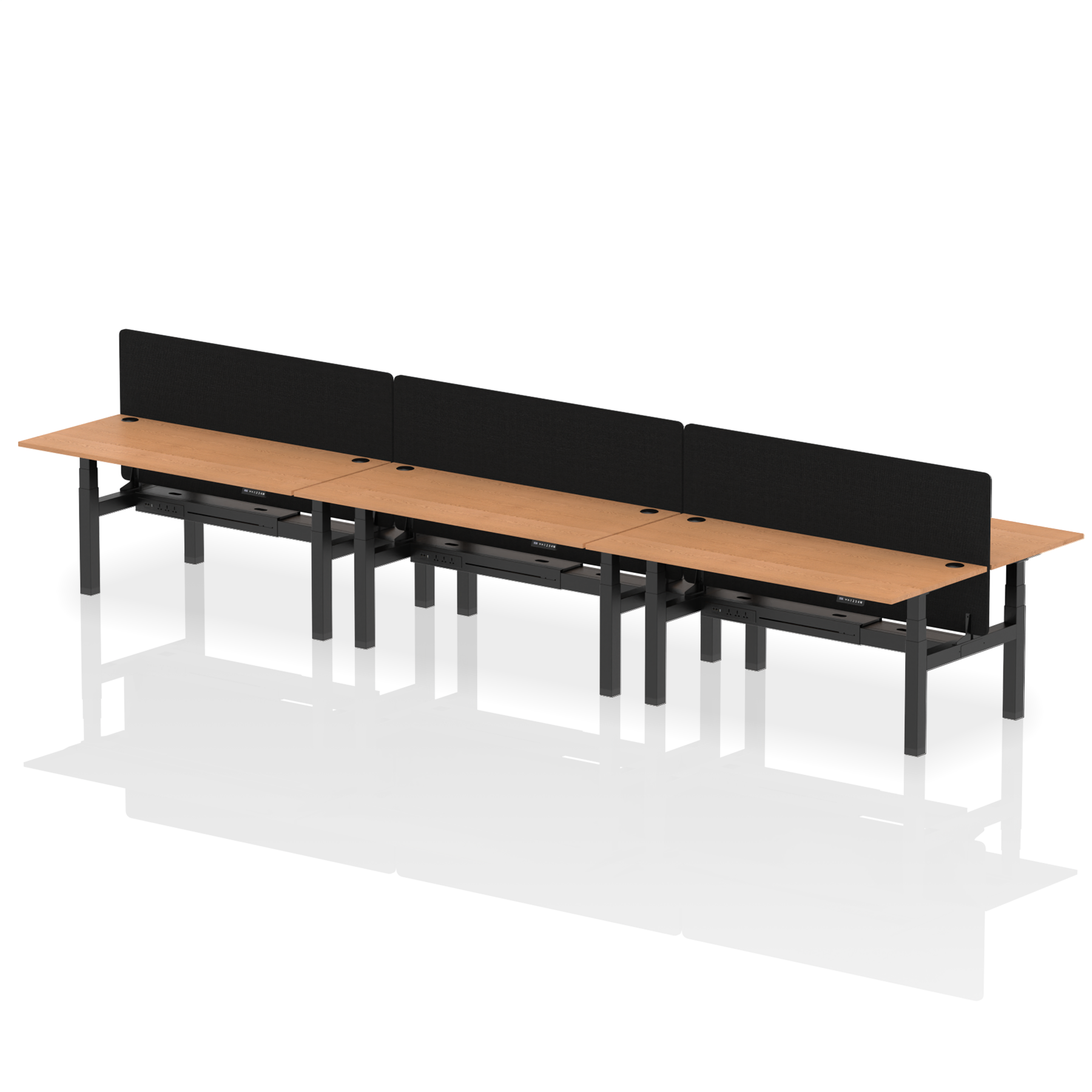 Air Back-to-Back Height Adjustable Bench Desk - 6 Person with Black Straight Screen dynamic  Desk Top  Oak Width 180cm