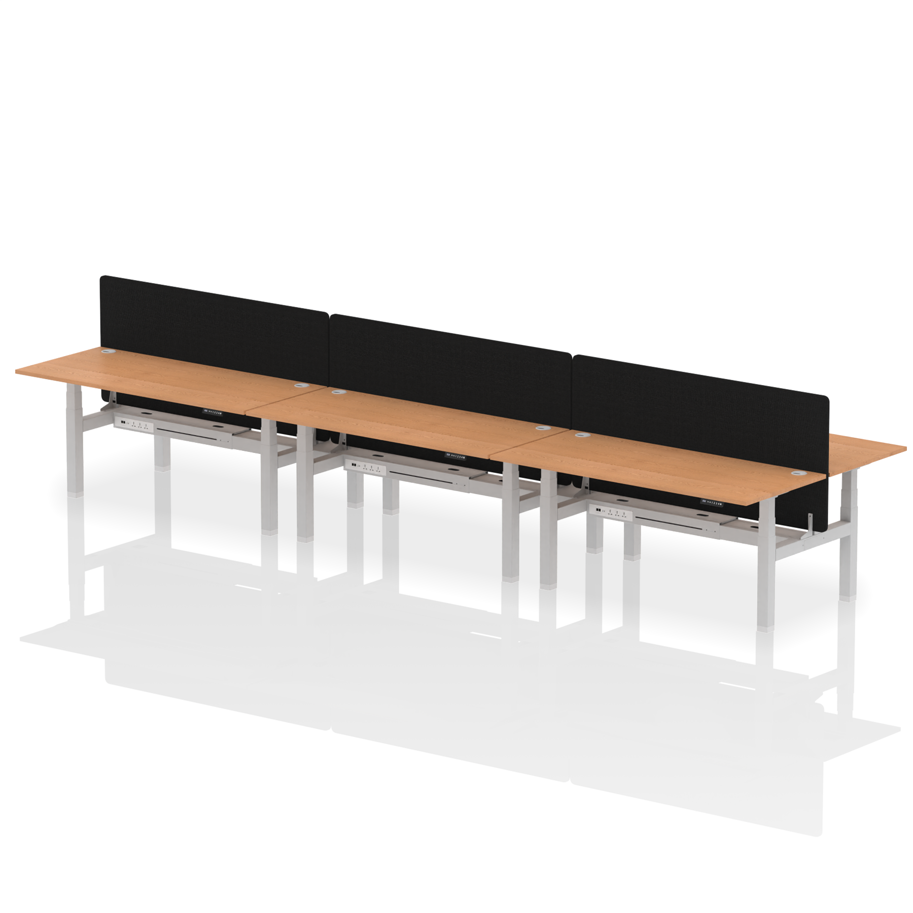 Air Back-to-Back Height Adjustable Bench Desk - 6 Person with Black Straight Screen dynamic  Desk Top  Oak Width 180cm