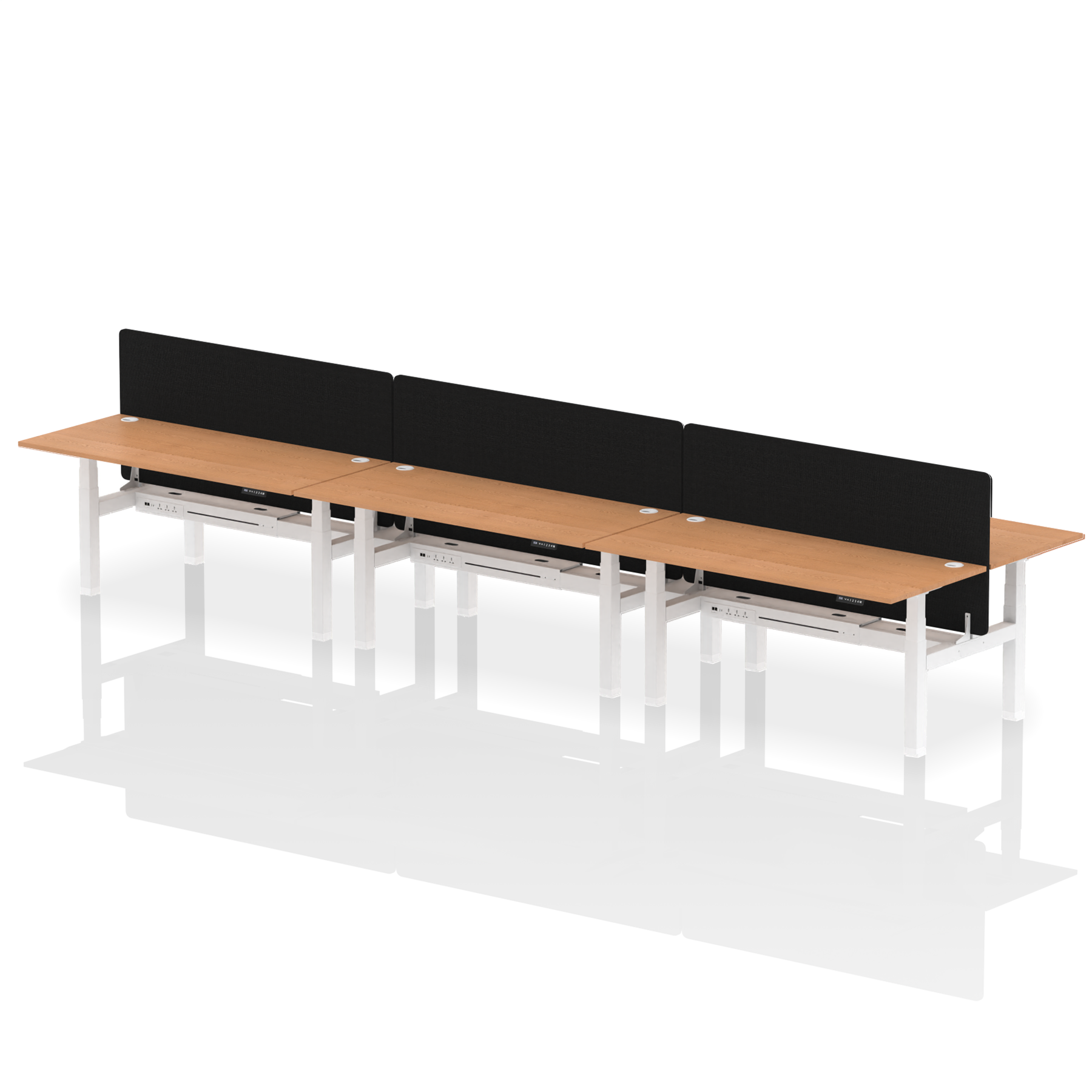 Air Back-to-Back Height Adjustable Bench Desk - 6 Person with Black Straight Screen dynamic  Desk Top  Oak Width 180cm