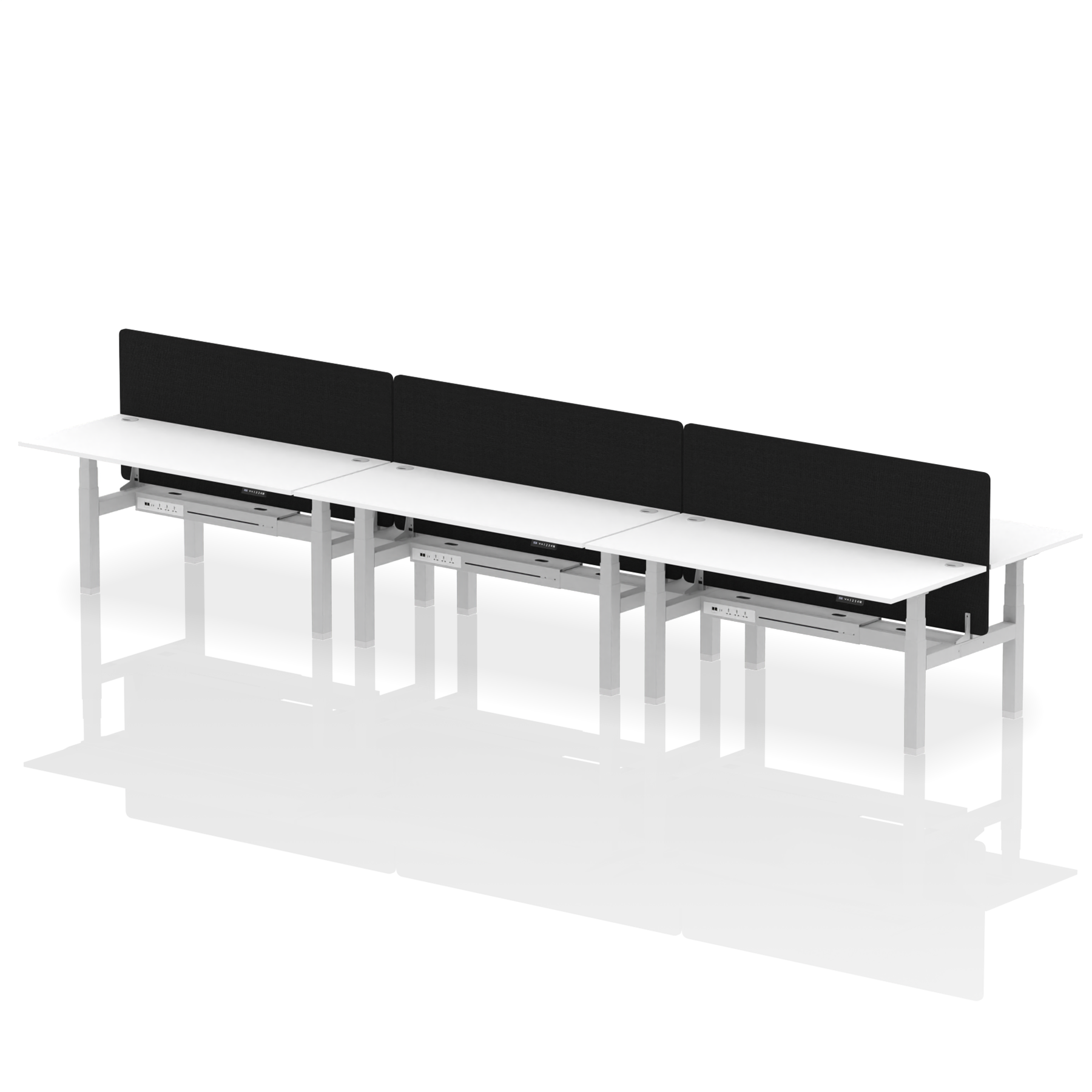 Air Back-to-Back Height Adjustable Bench Desk - 6 Person with Black Straight Screen dynamic  Desk Top  White Width 180cm