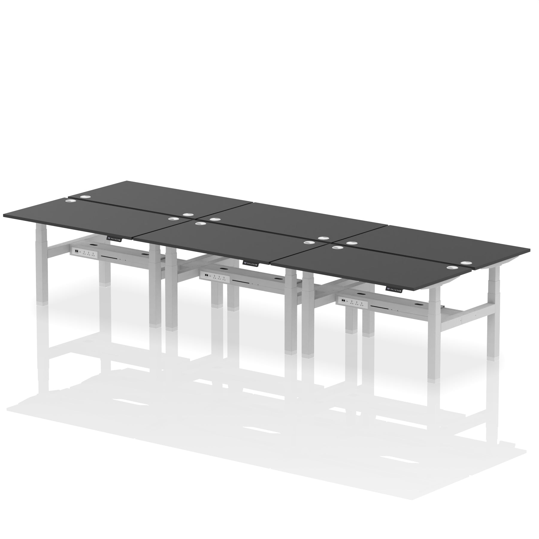 Air Back-to-Back Height Adjustable Bench Desk - 6 Person dynamic  Black Silver Frame