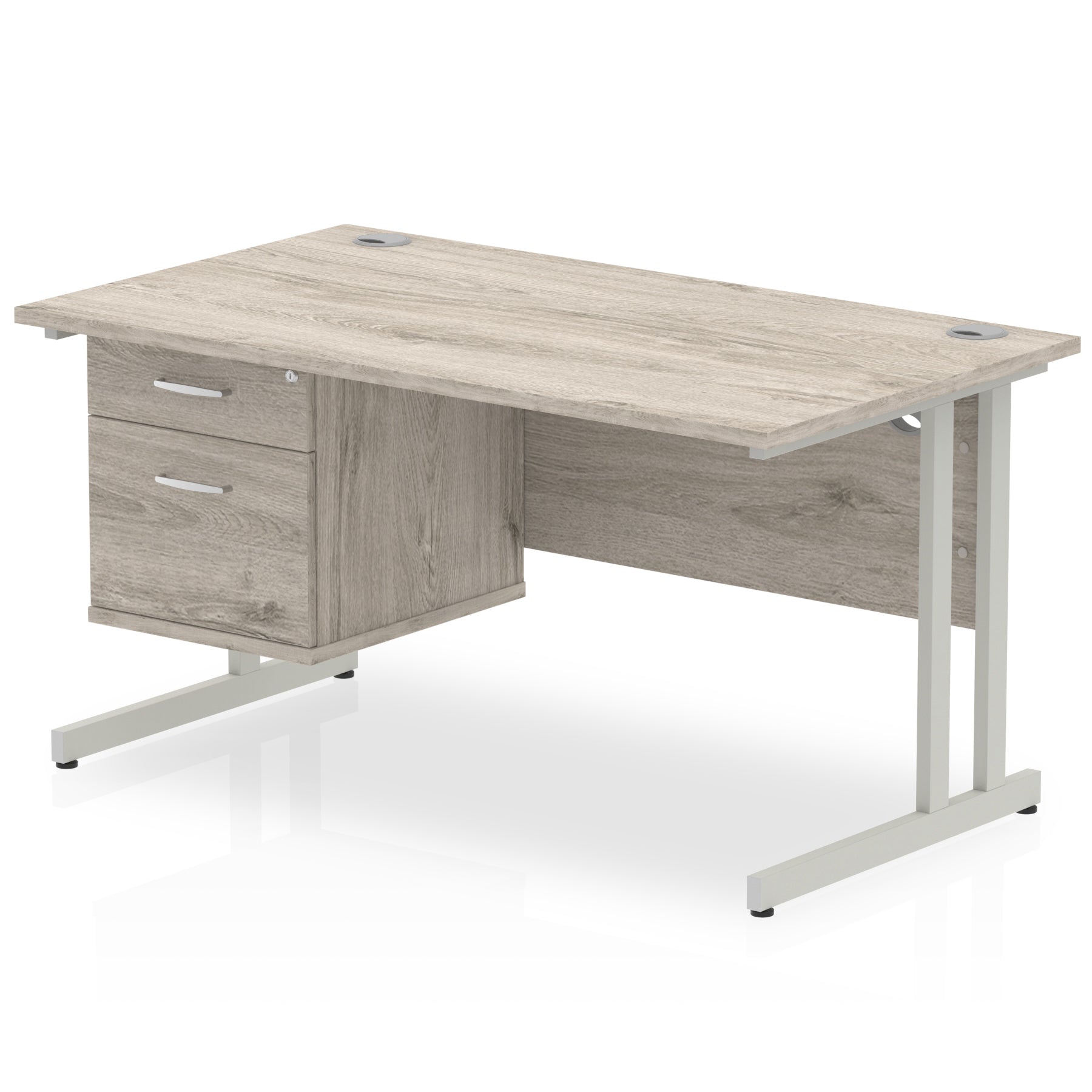 Office furniture impulse-cantilever-straight-desk-silver-frame-with-fixed-pedestal Dynamic  Grey Oak 140 Wide 2 Drawer