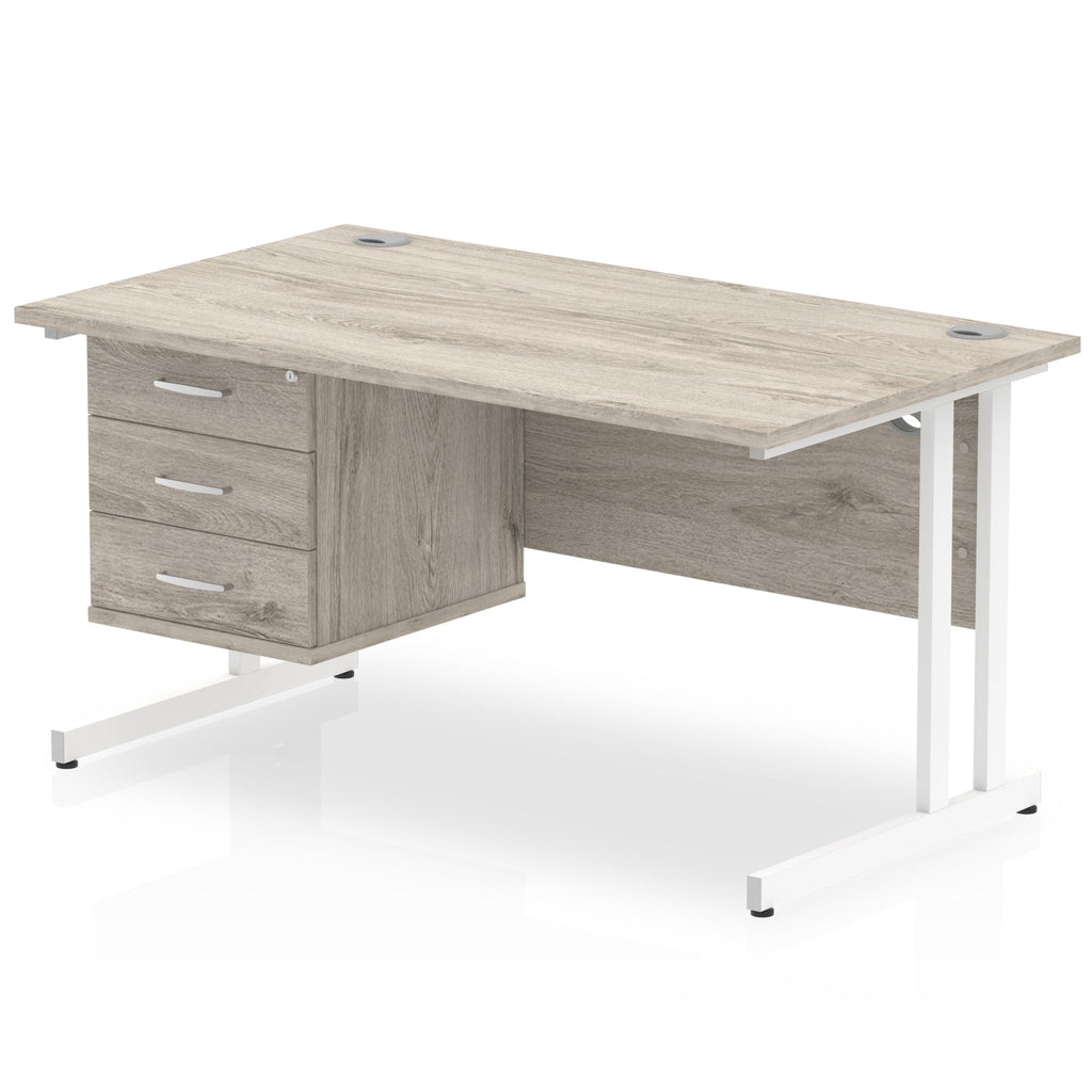 Office furniture impulse-cantilever-straight-desk-white-frame-with-fixed-pedestal Dynamic  Grey Oak 140 Wide 3 Drawer